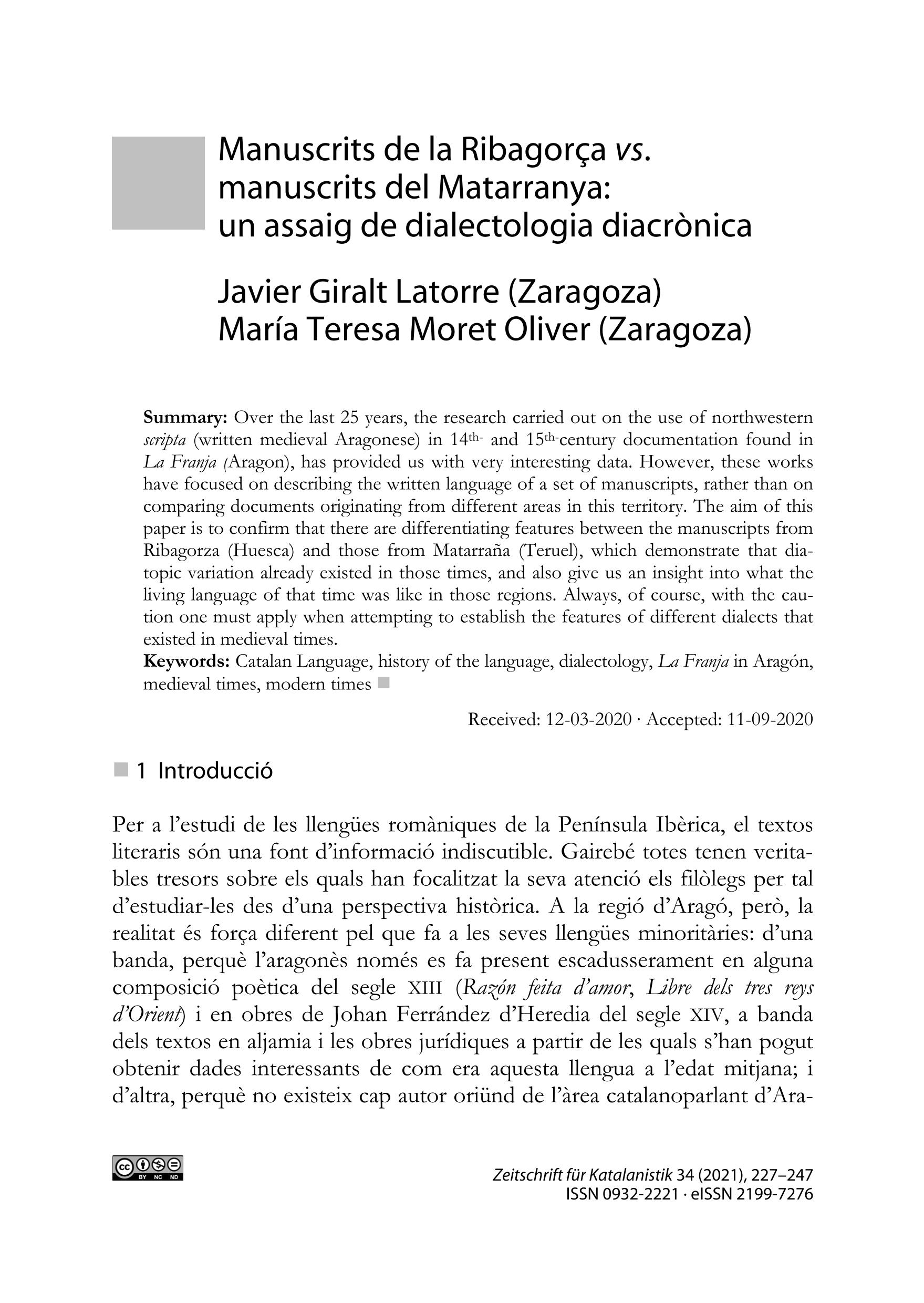 Manuscrits de la Ribagorça vs. manuscrits del Matarranya: un assaig de dialectologia diacrònica