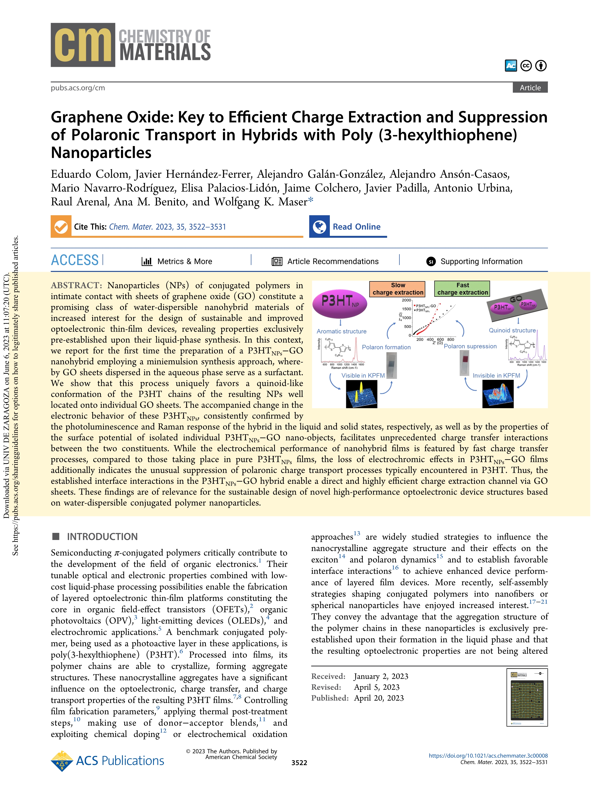 Graphene oxide: key to efficient charge extraction and suppression of polaronic transport in hybrids with poly (3-hexylthiophene) nanoparticles