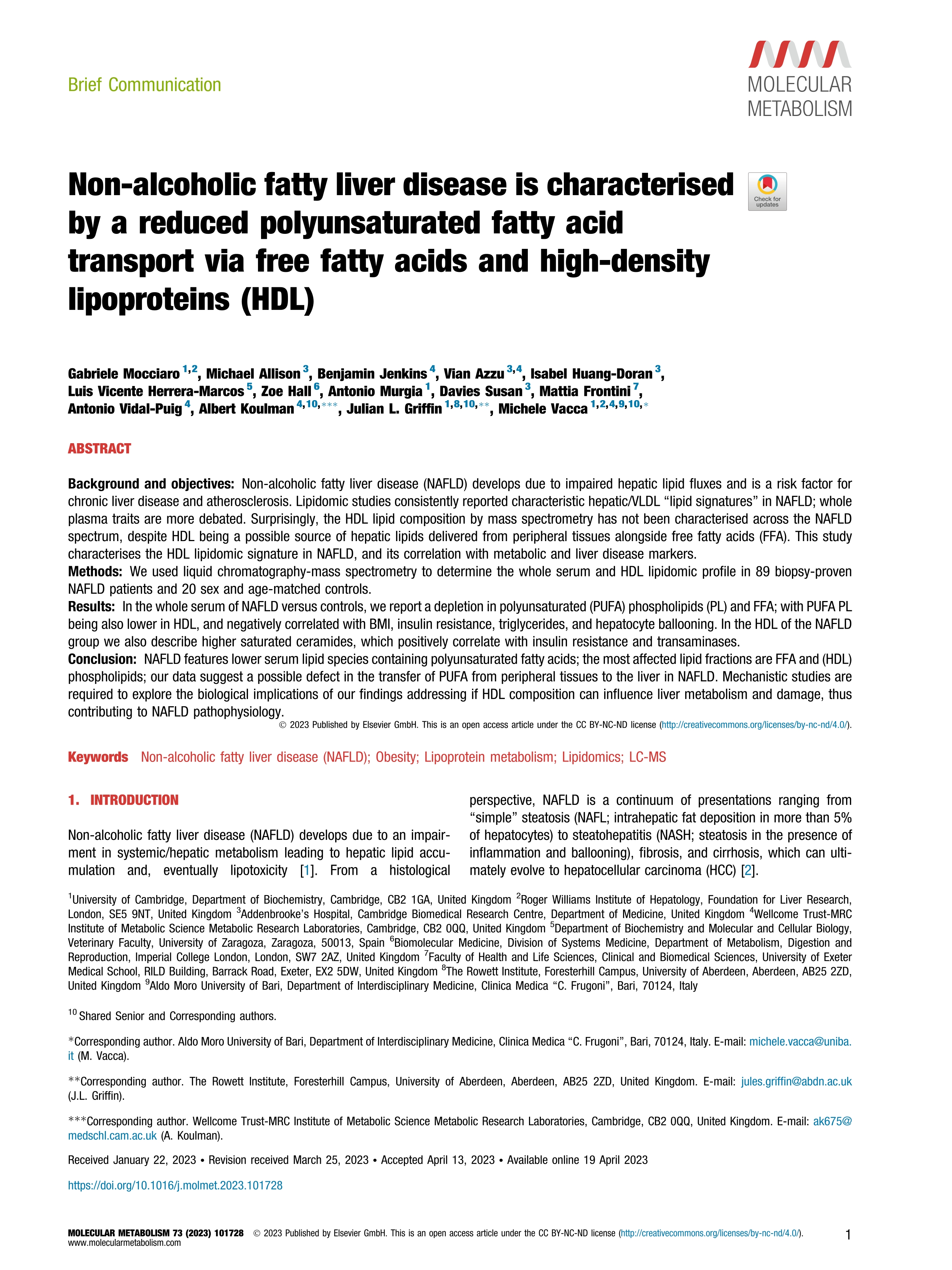 Non-alcoholic fatty liver disease is characterised by a reduced polyunsaturated fatty acid transport via free fatty acids and high-density lipoproteins (HDL)