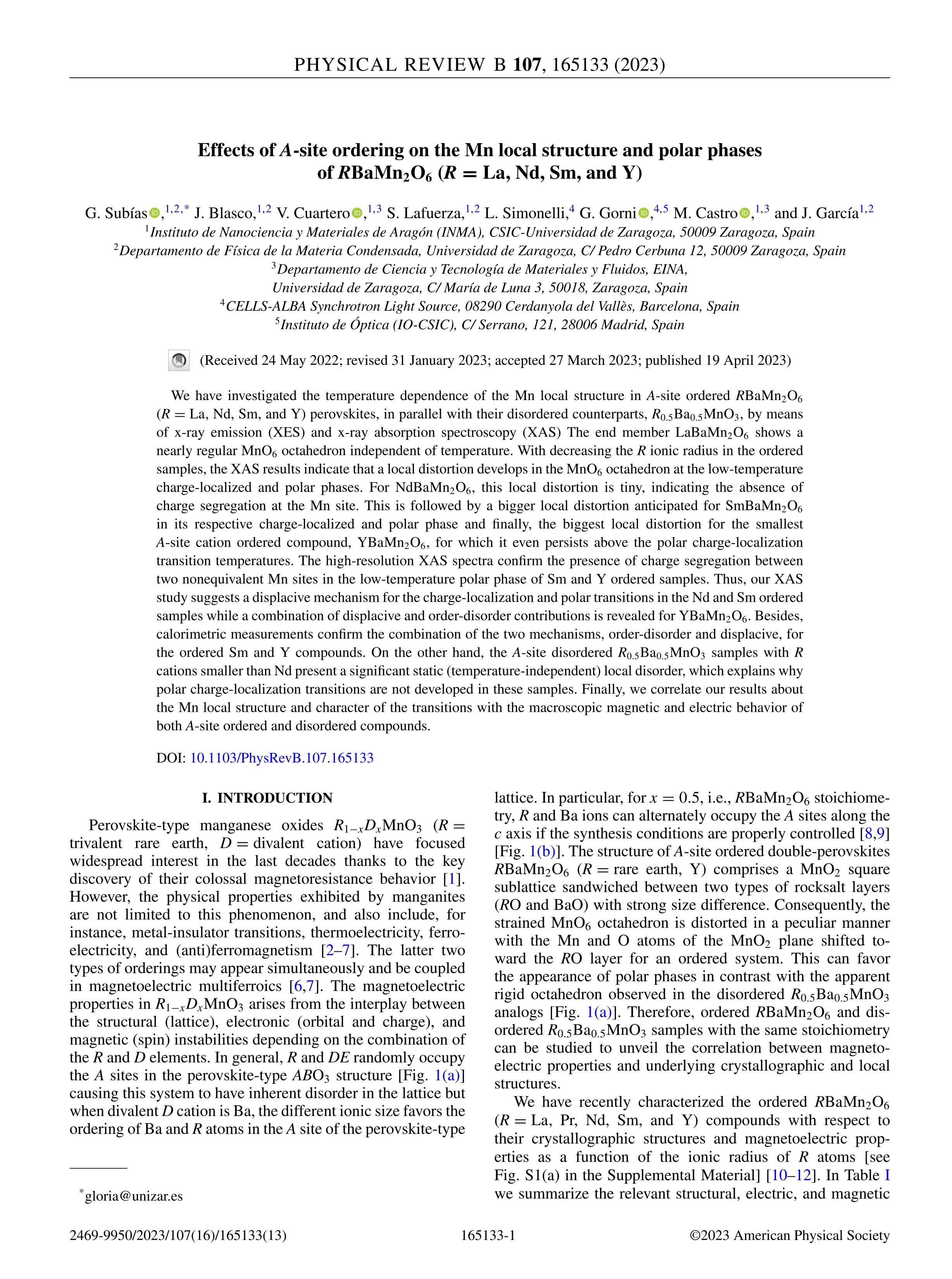 Effects of  A -site ordering on the Mn local structure and polar phases of  R Ba Mn 2 O 6  ( R = La , Nd, Sm, and Y)