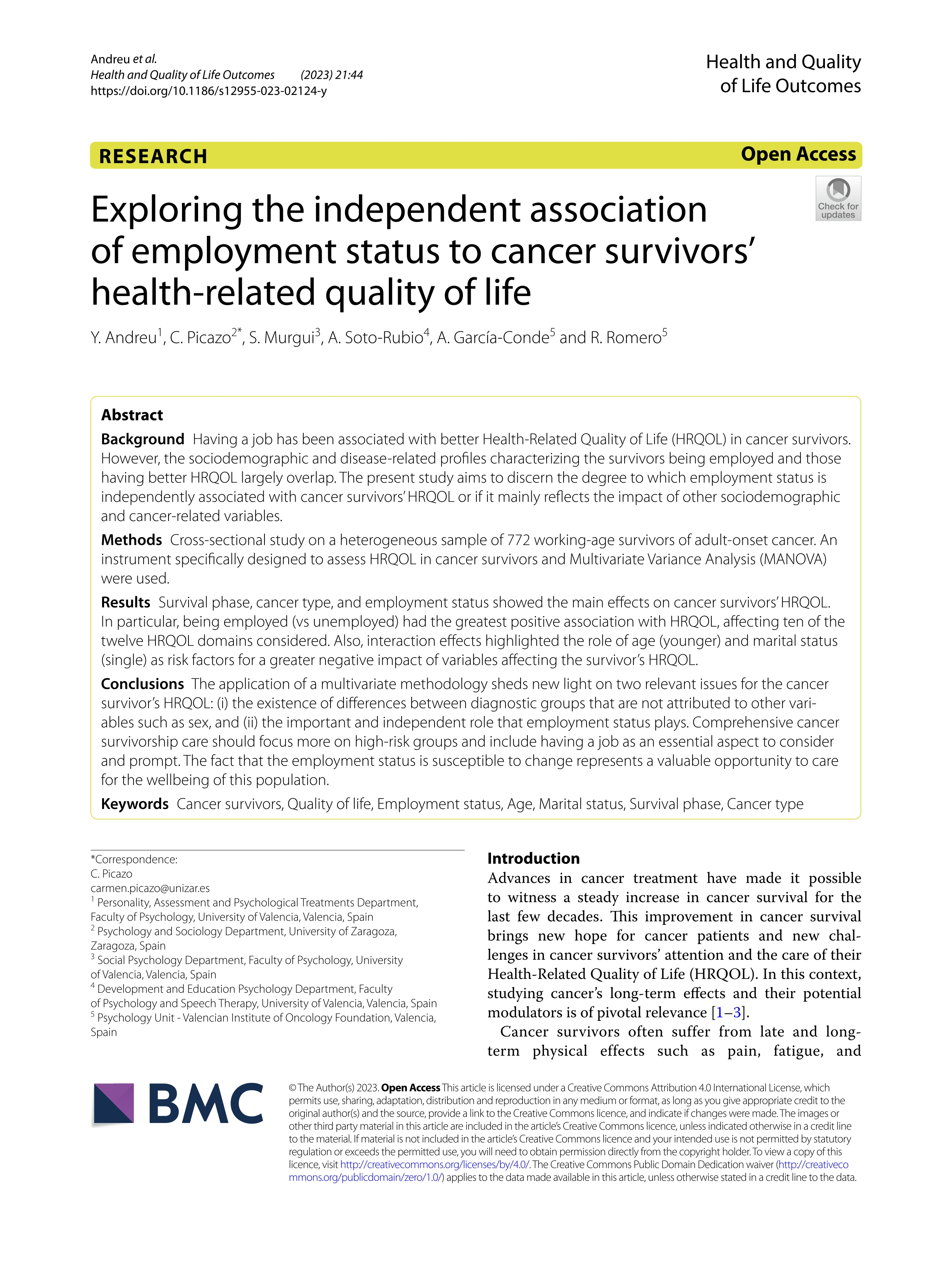 Exploring the independent association of employment status to cancer survivors’ health-related quality of life