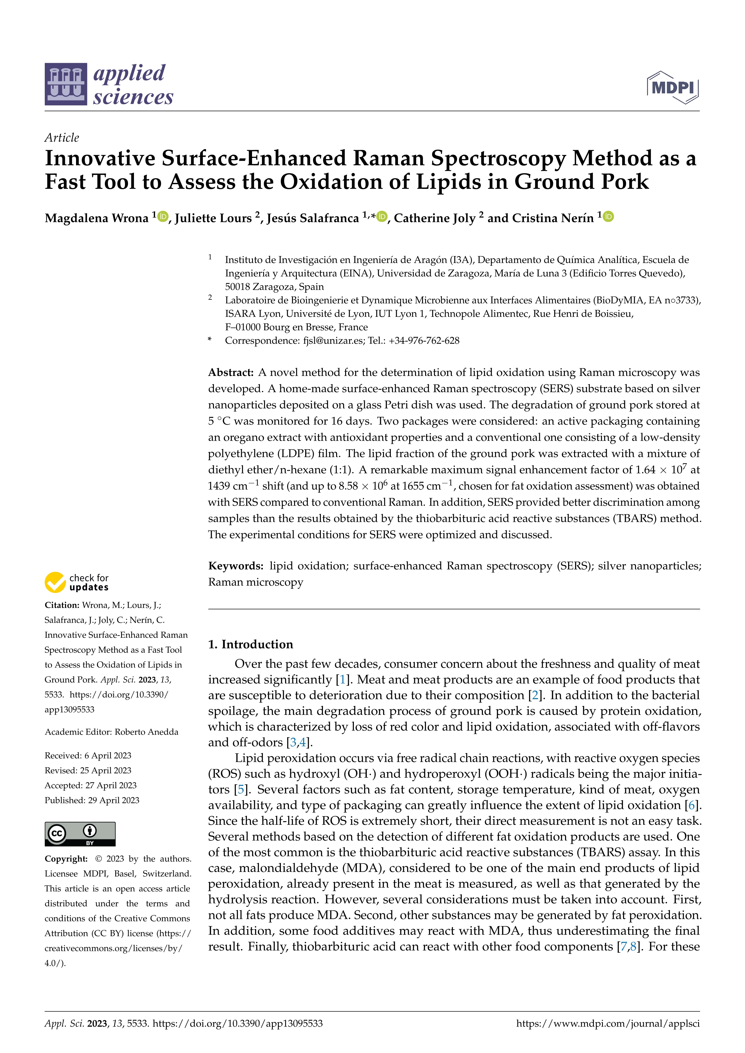 Innovative surface-enhanced raman spectroscopy method as a fast tool to assess the oxidation of lipids in ground pork