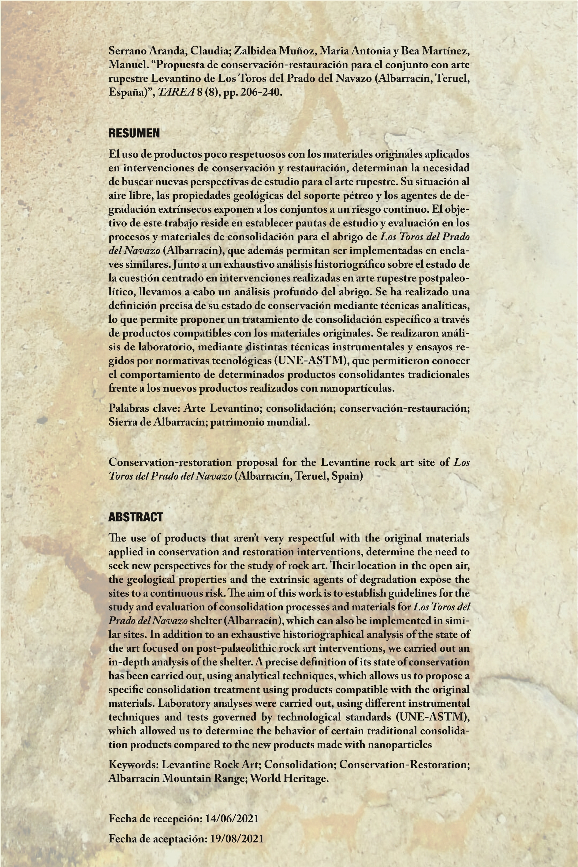 Propuesta de conservación-restauración para el conjunto con arte rupestre Levantino de Los Toros del Prado del Navazo (Albarracín, Teruel, España)