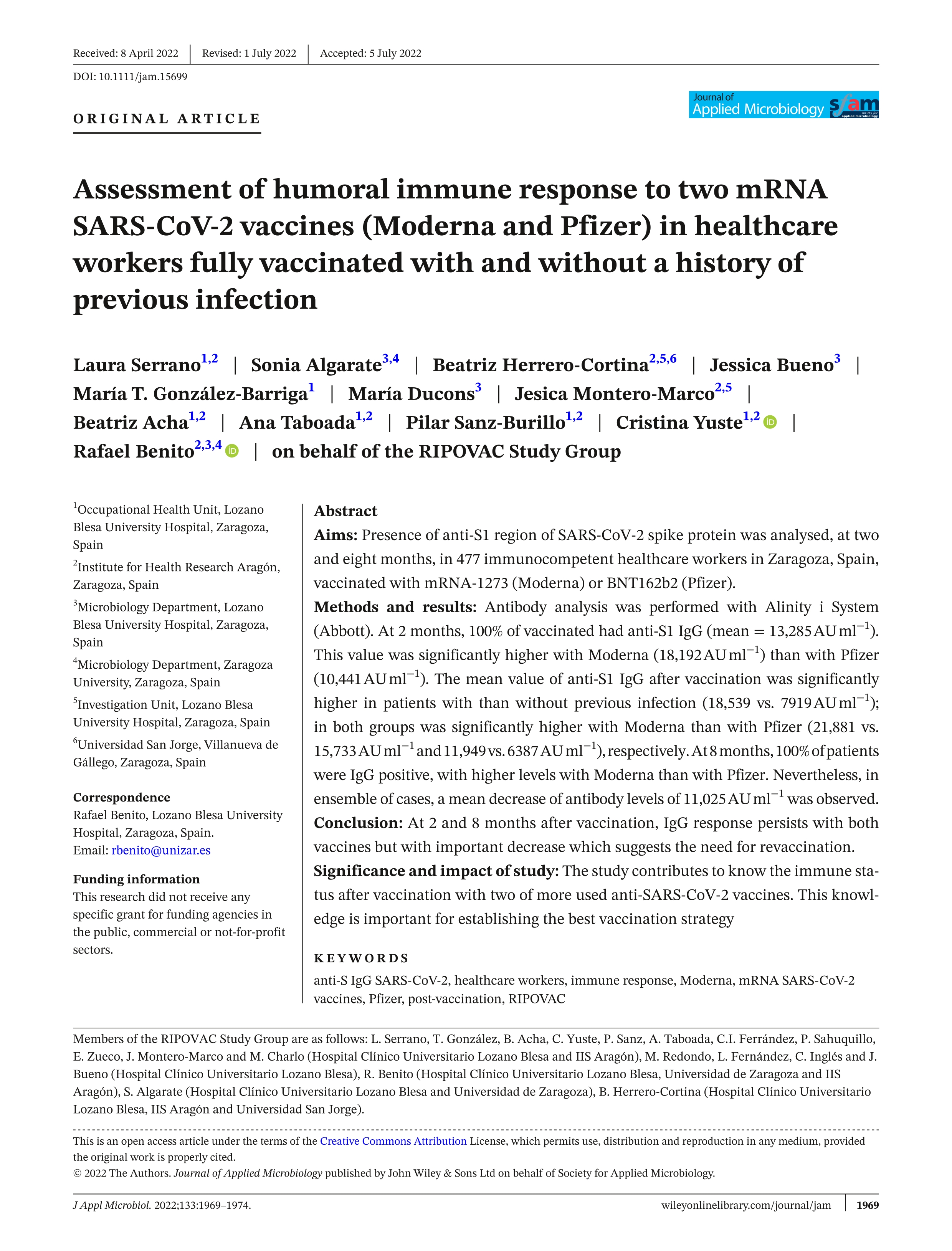 Assessment of humoral immune response to two mRNA SARS-CoV-2 vaccines (Moderna and Pfizer) in healthcare workers fully vaccinated with and without a history of previous infection