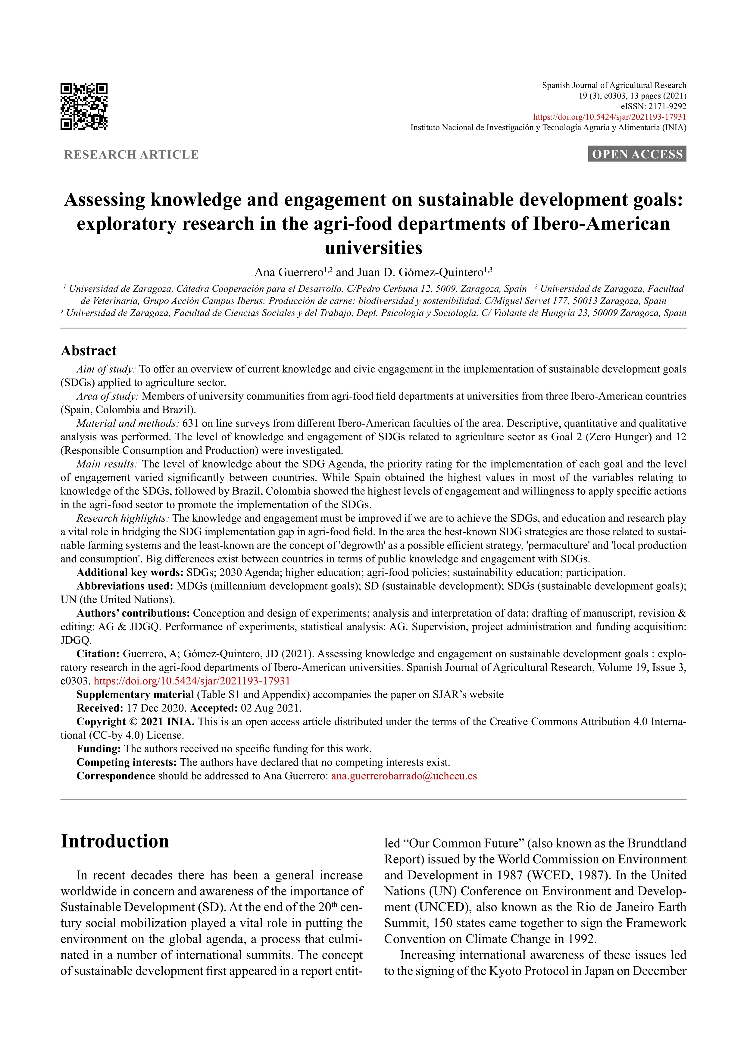 Assessing knowledge and engagement on Sustainable Development Goals: exploratory research in the agri-food departments of Ibero-American universities