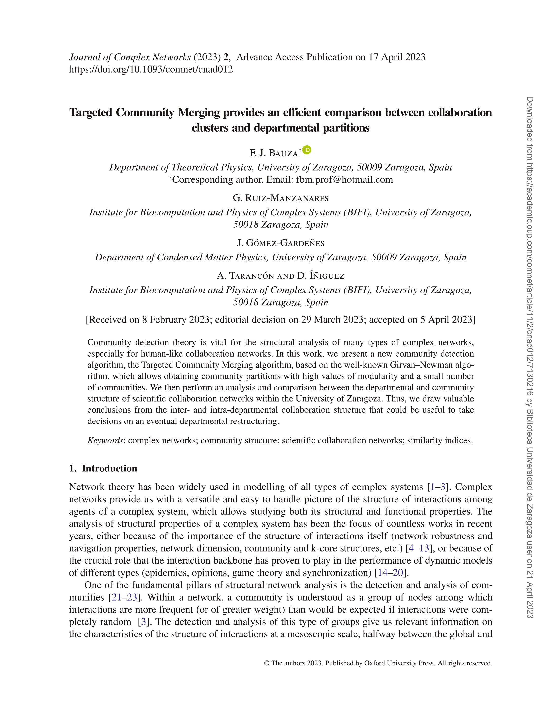 Targeted Community Merging provides an efficient comparison between collaboration clusters and departmental partitions