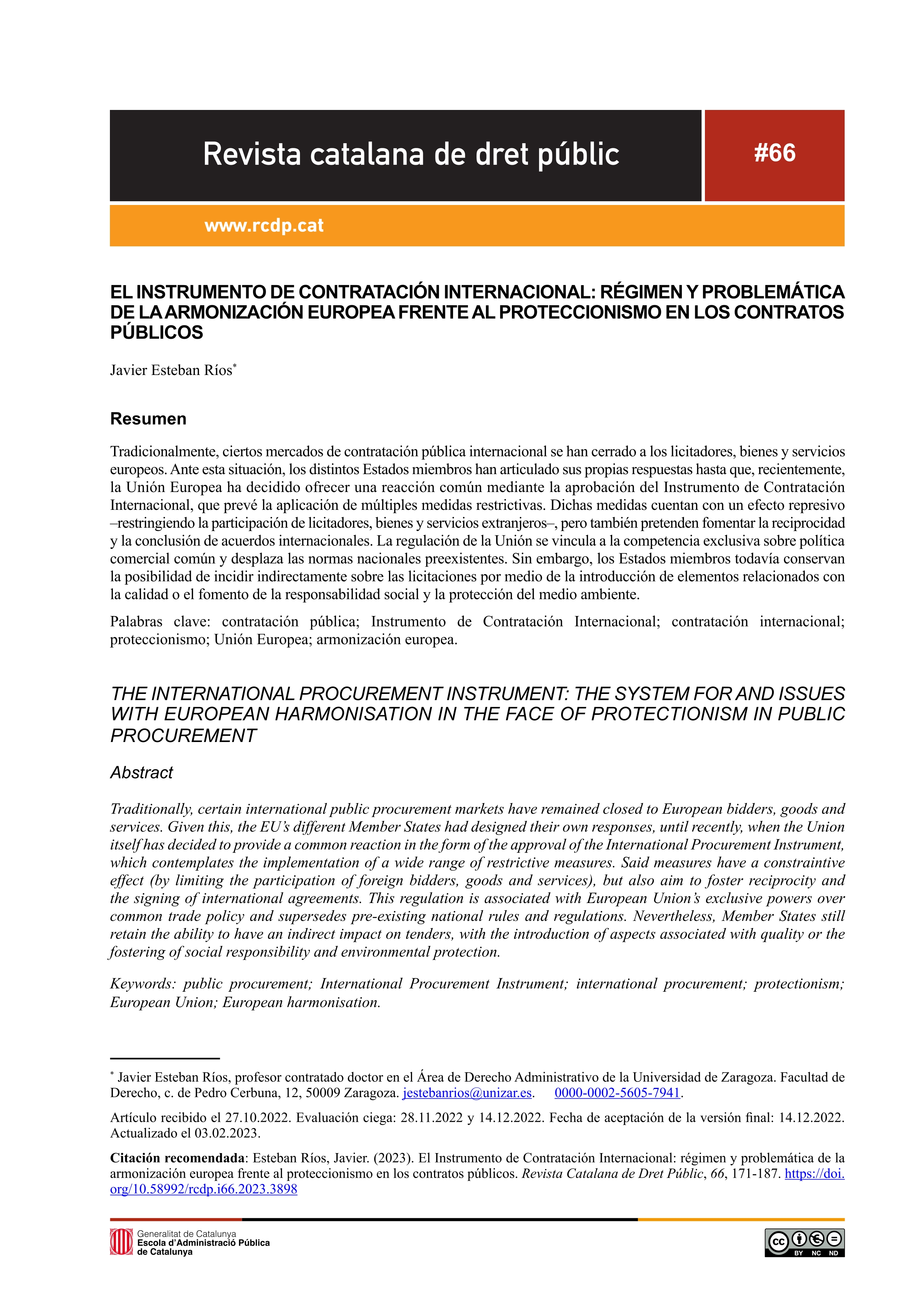 El Instrumento de Contratación Internacional: régimen y problemática de la armonización europea frente al proteccionismo en los contratos públicos