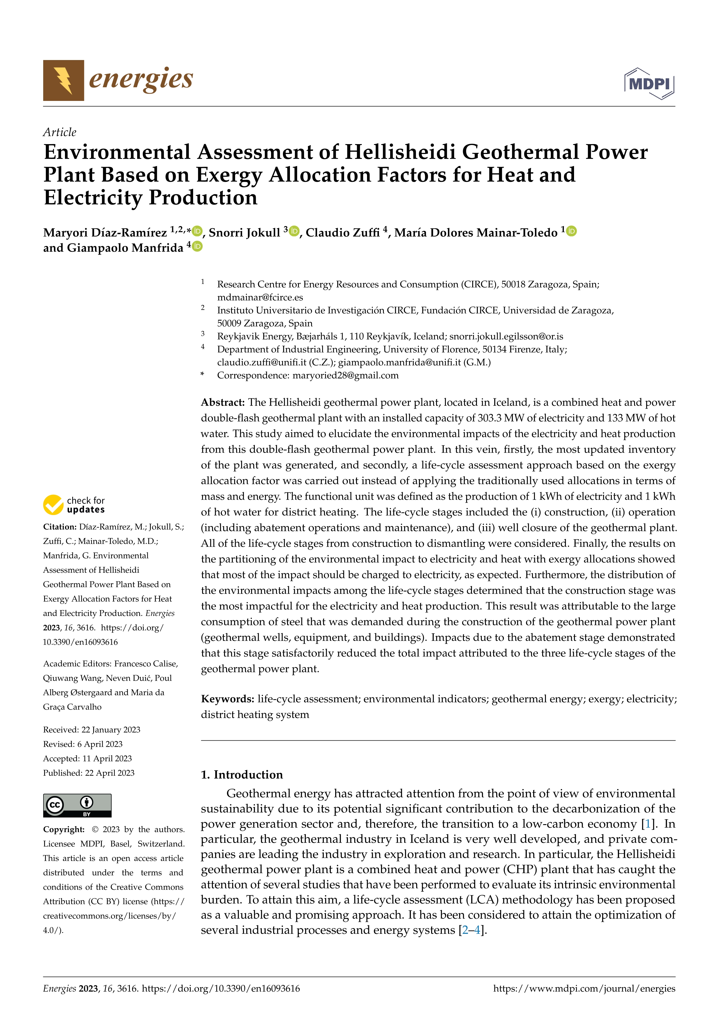 Environmental assessment of Hellisheidi Geothermal power plant based on exergy allocation factors for heat and electricity production