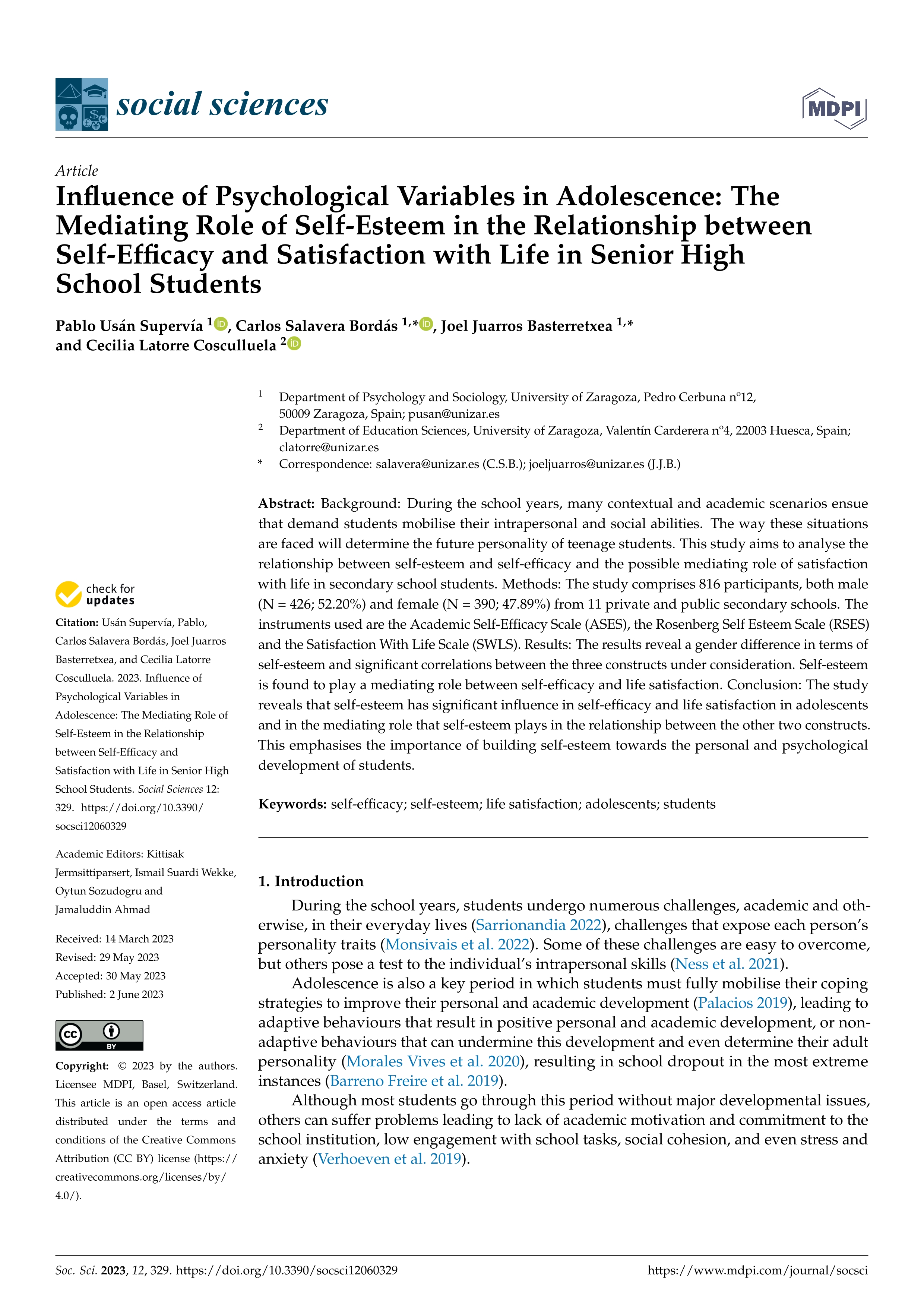 Influence of psychological variables in adolescence: the mediating role of self-esteem in the relationship between self-efficacy and satisfaction with life in senior high school students