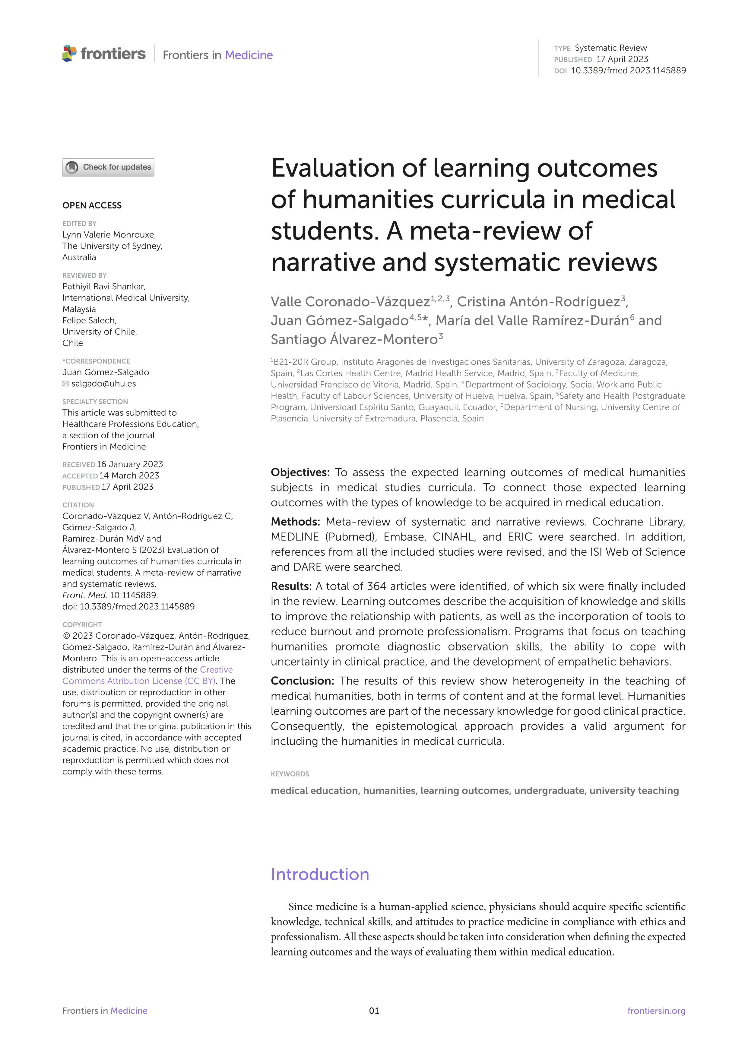 Evaluation of learning outcomes of humanities curricula in medical students. A meta-review of narrative and systematic reviews