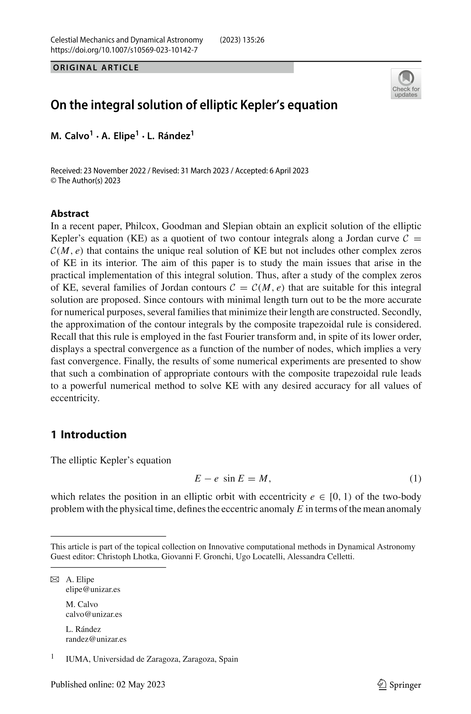 On the integral solution of elliptic Kepler’s equation