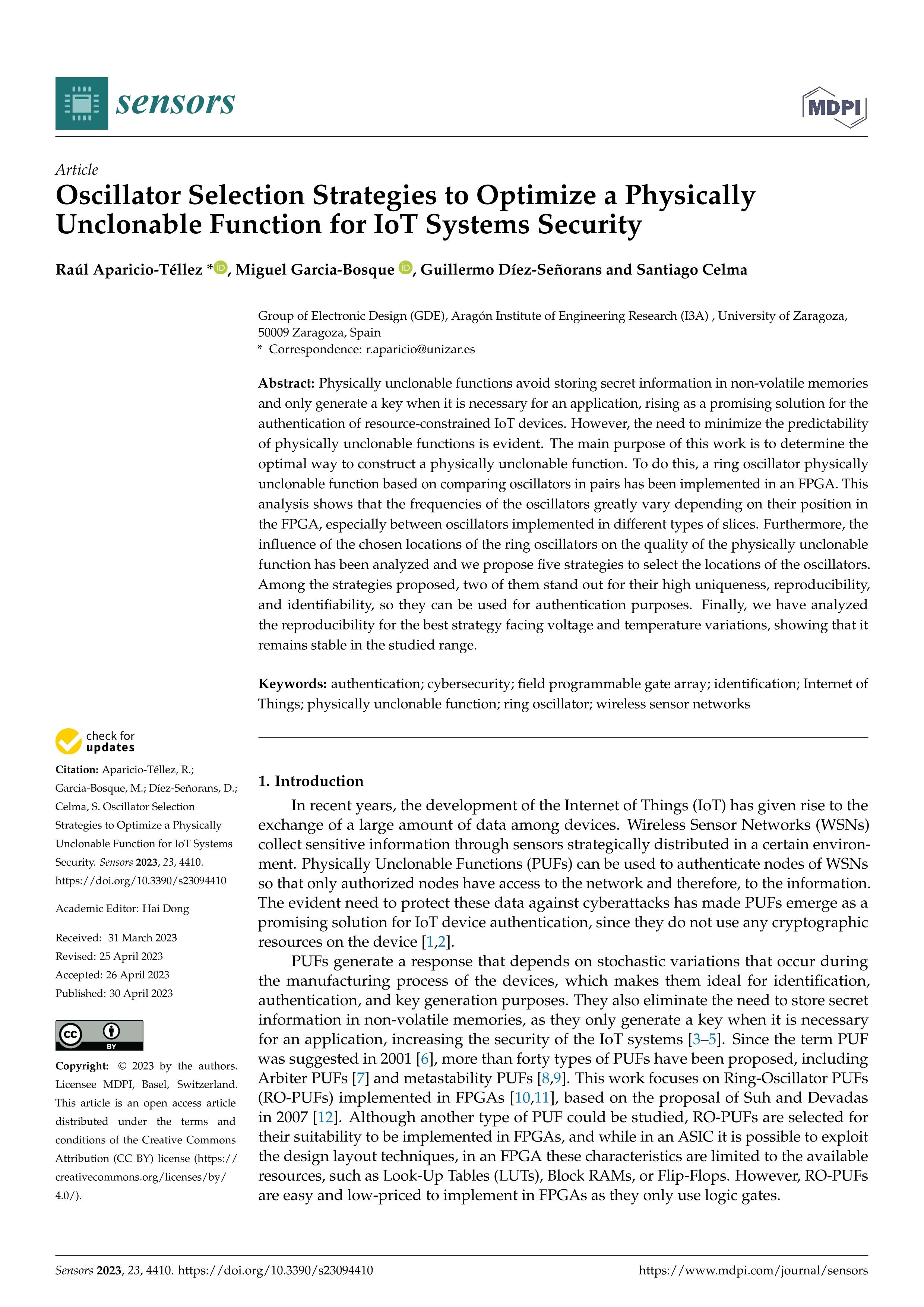 Oscillator Selection Strategies to Optimize a Physically Unclonable Function for IoT Systems Security