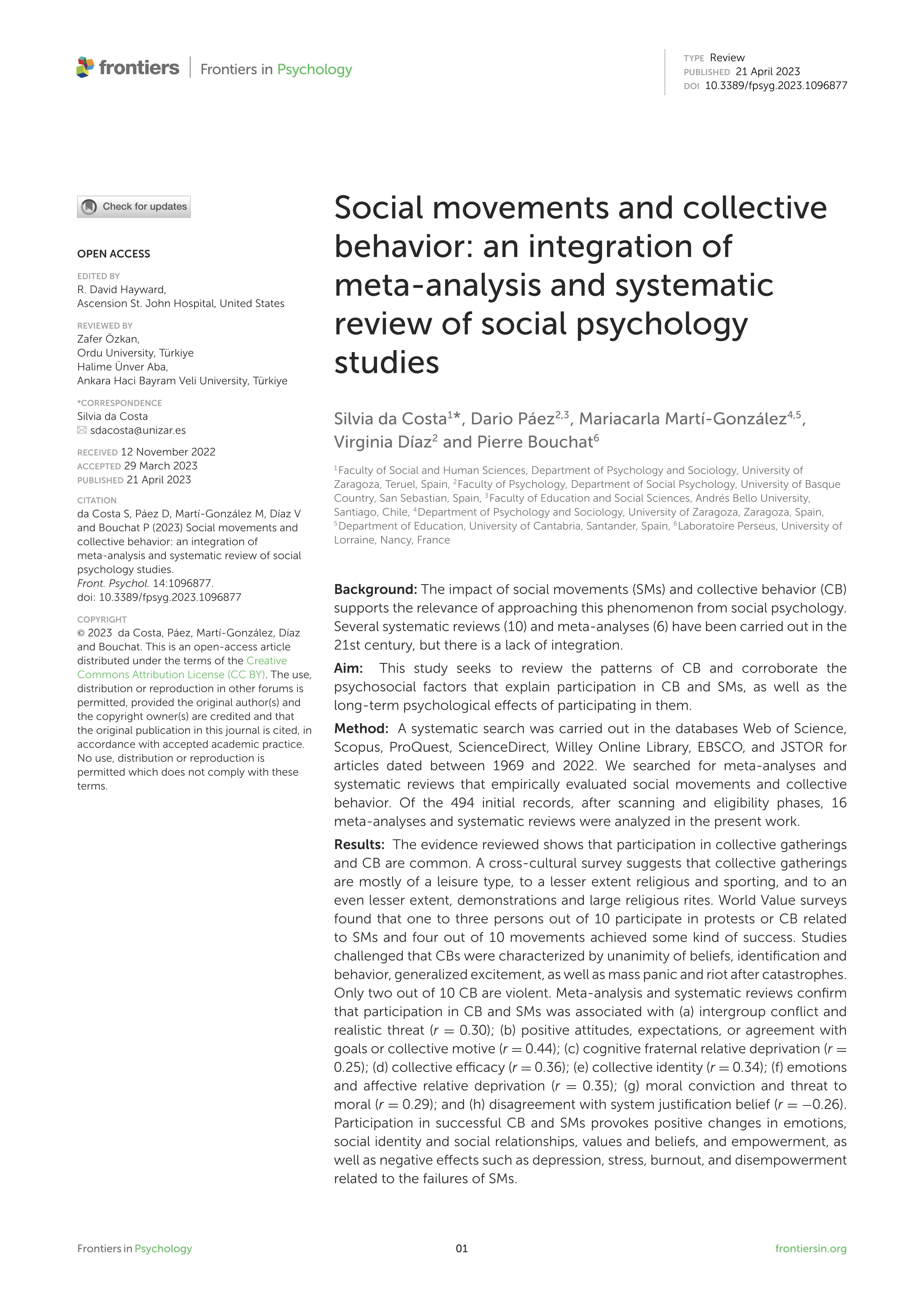 Social movements and collective behavior: an integration of meta-analysis and systematic review of social psychology studies