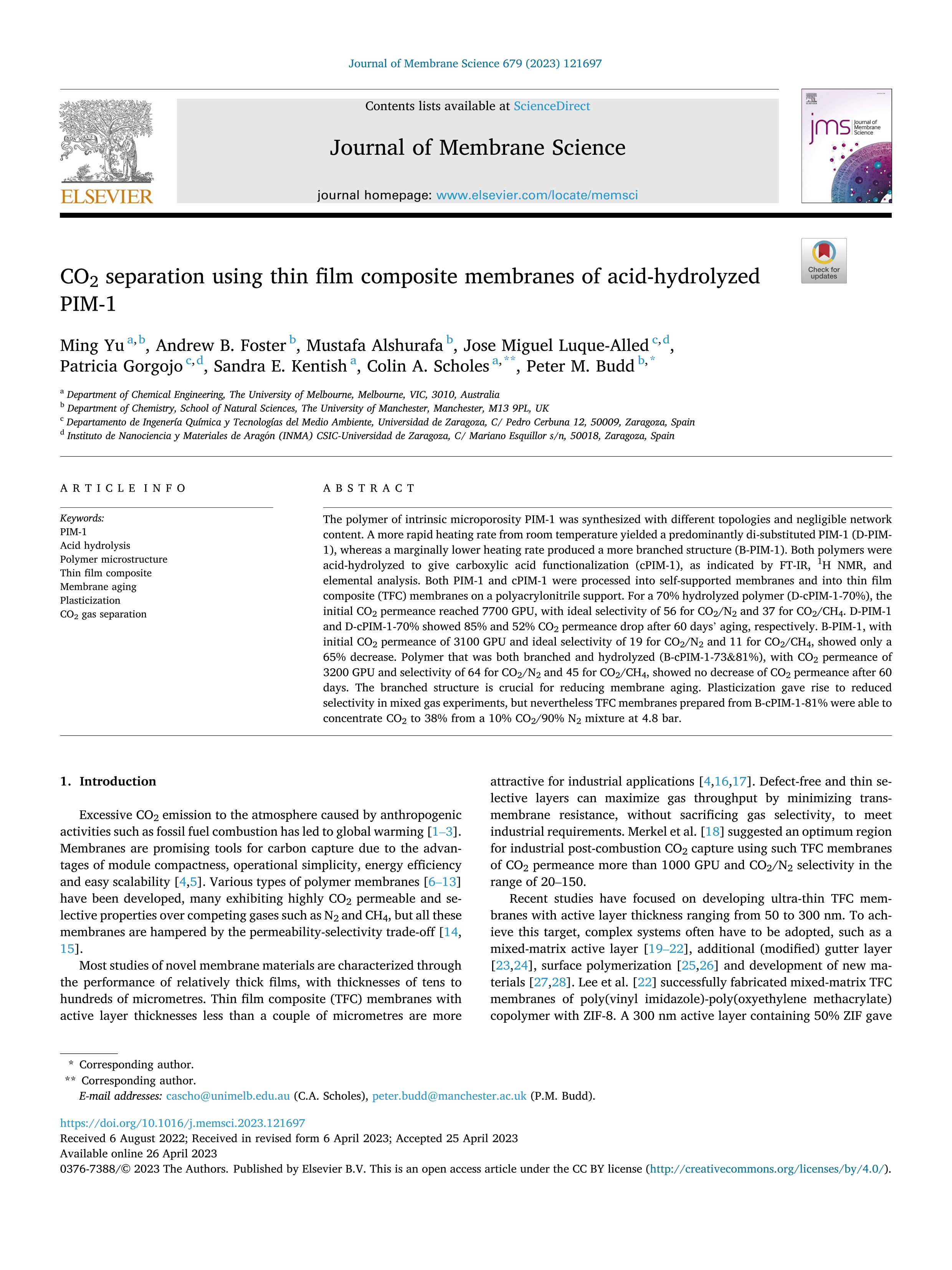 CO2 separation using thin film composite membranes of acid-hydrolyzed PIM-1