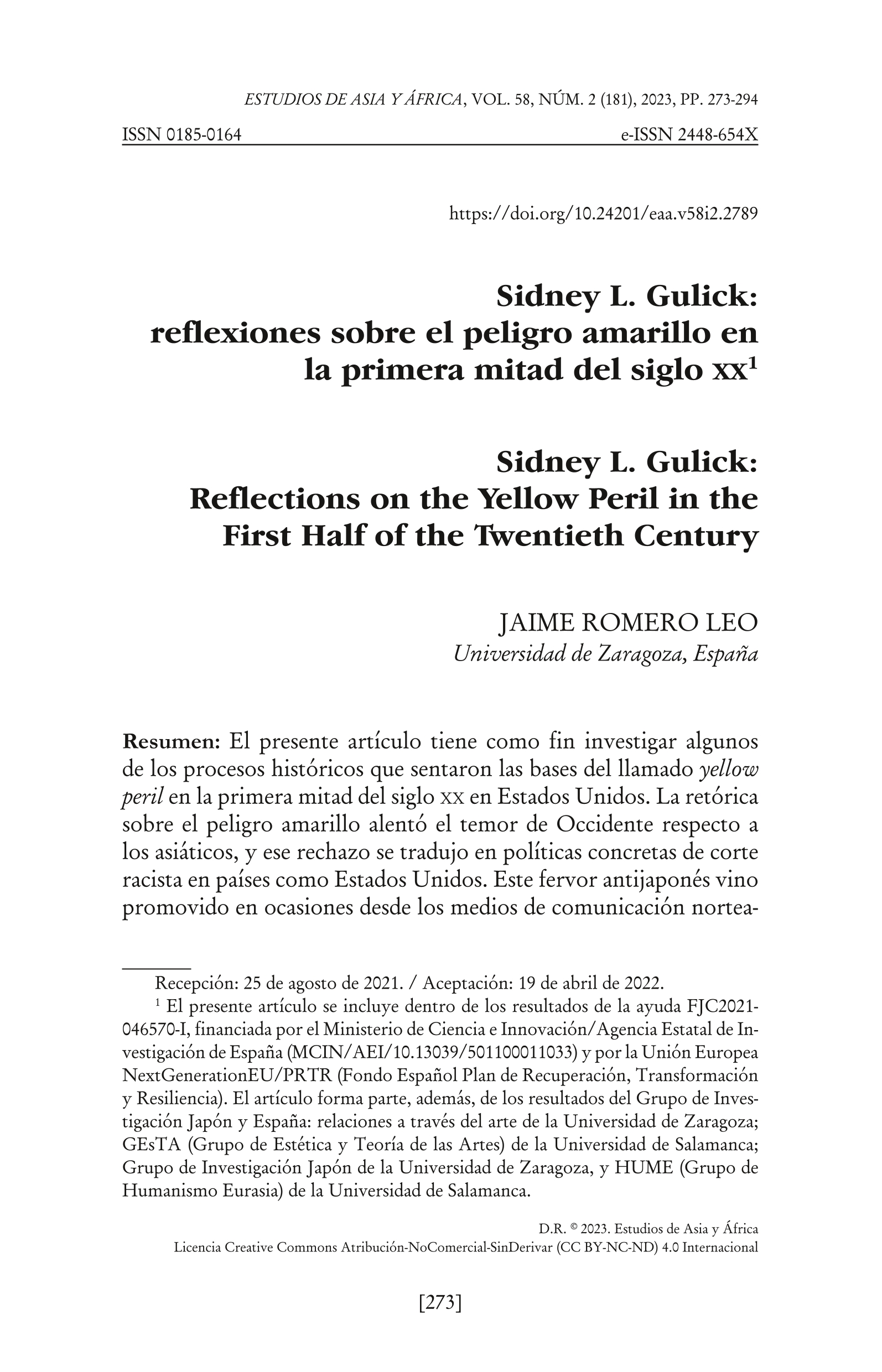 Sidney L. Gulick: reflexiones sobre el peligro amarillo en la primera mitad del siglo XX