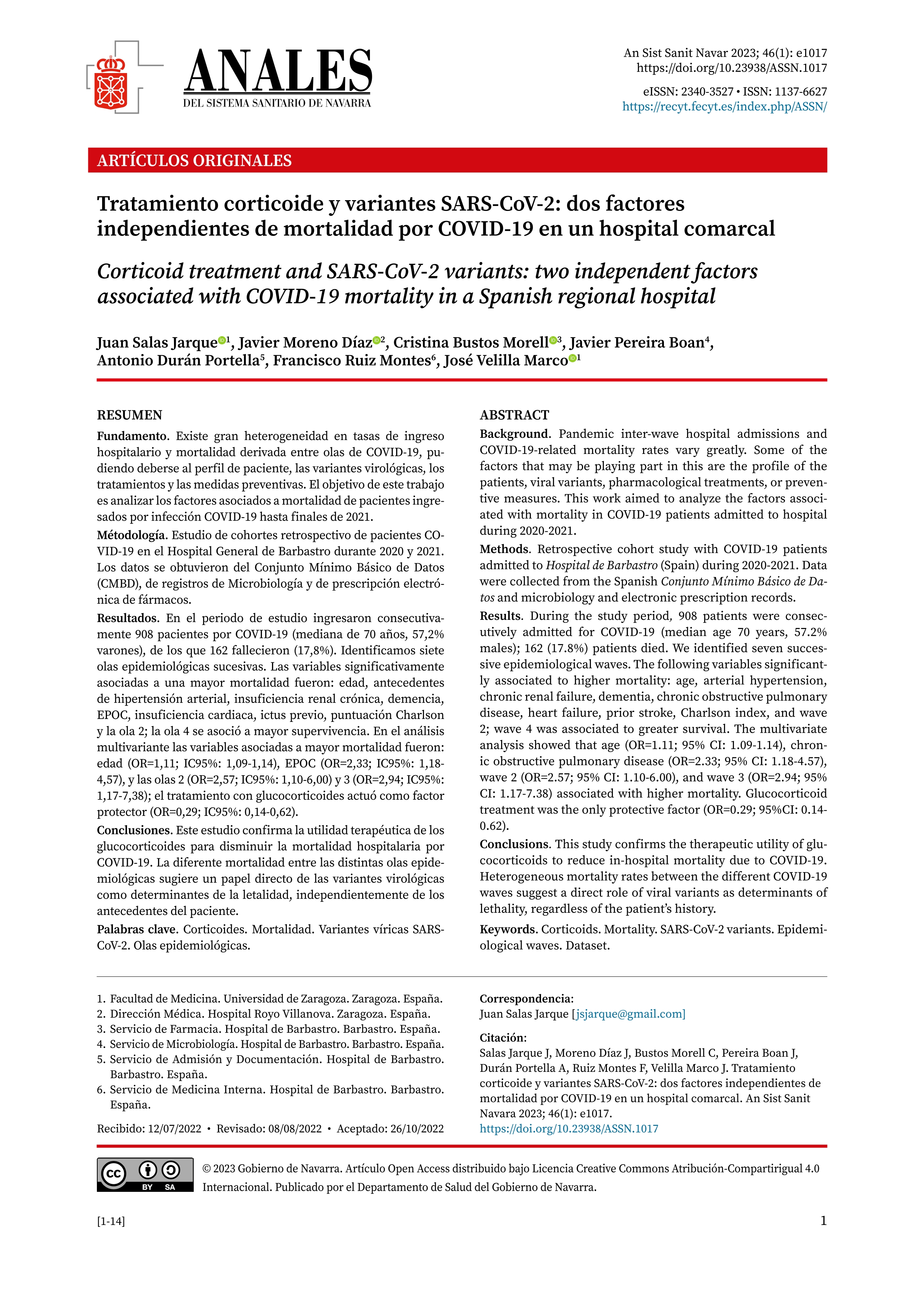 Tratamiento corticoide y variantes SARS-CoV-2: dos factores independientes de mortalidad por COVID-19 en un hospital comarcal