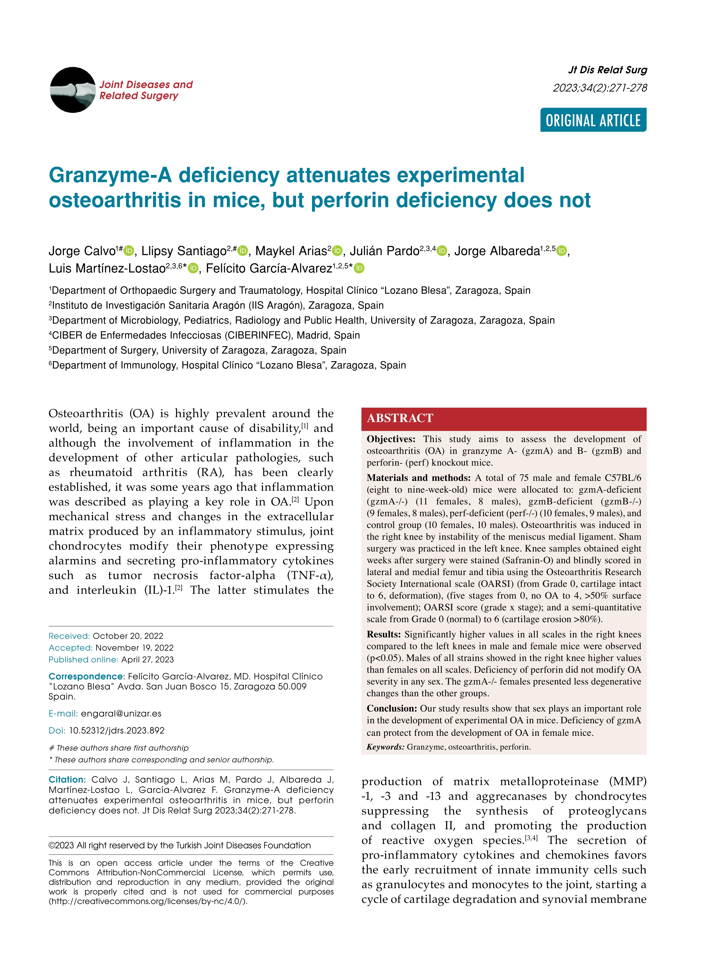 Granzyme-A deficiency attenuates experimental osteoarthritis in mice, but perforin deficiency does not