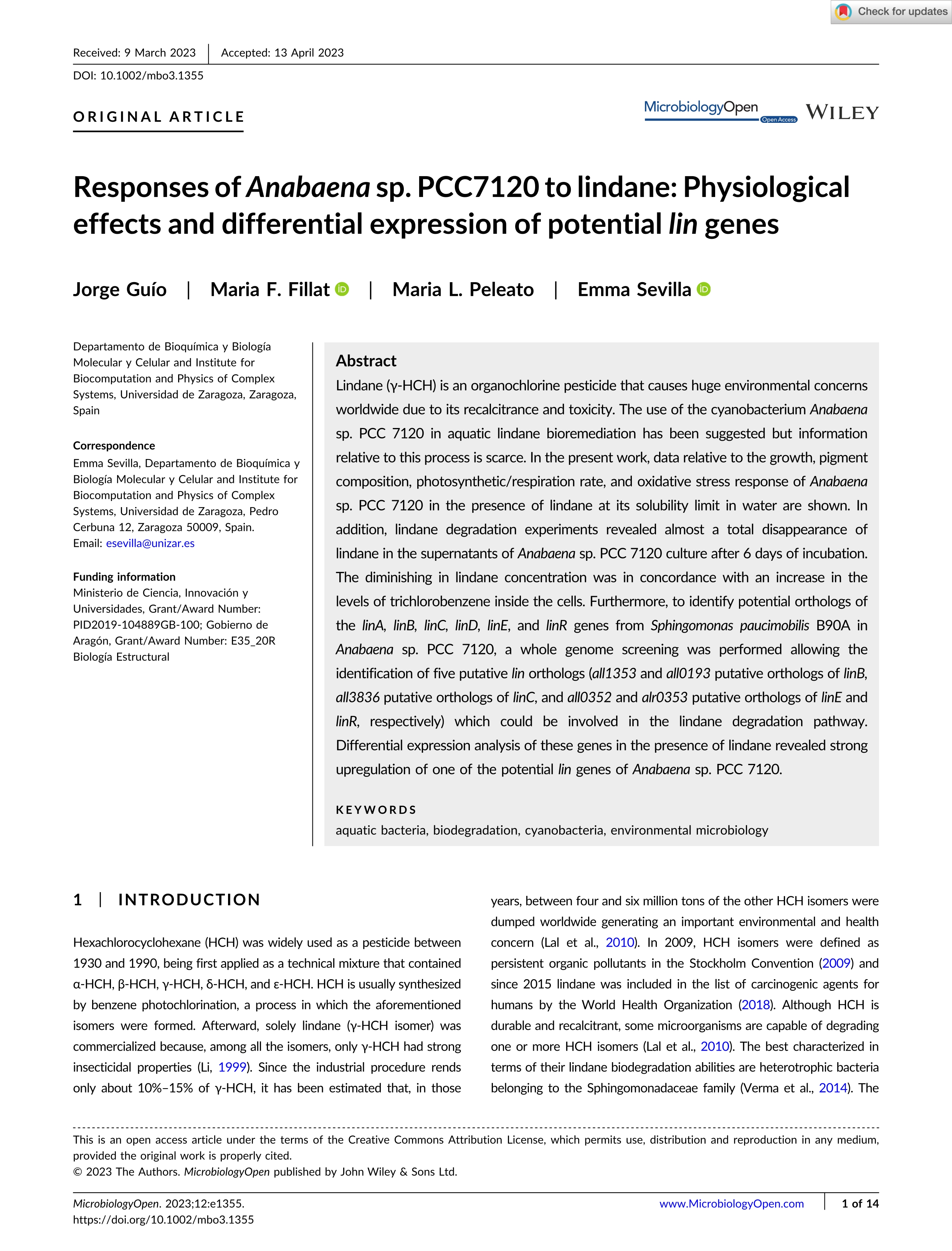 Responses of Anabaena sp. PCC7120 to lindane: Physiological effects and differential expression of potential lin genes