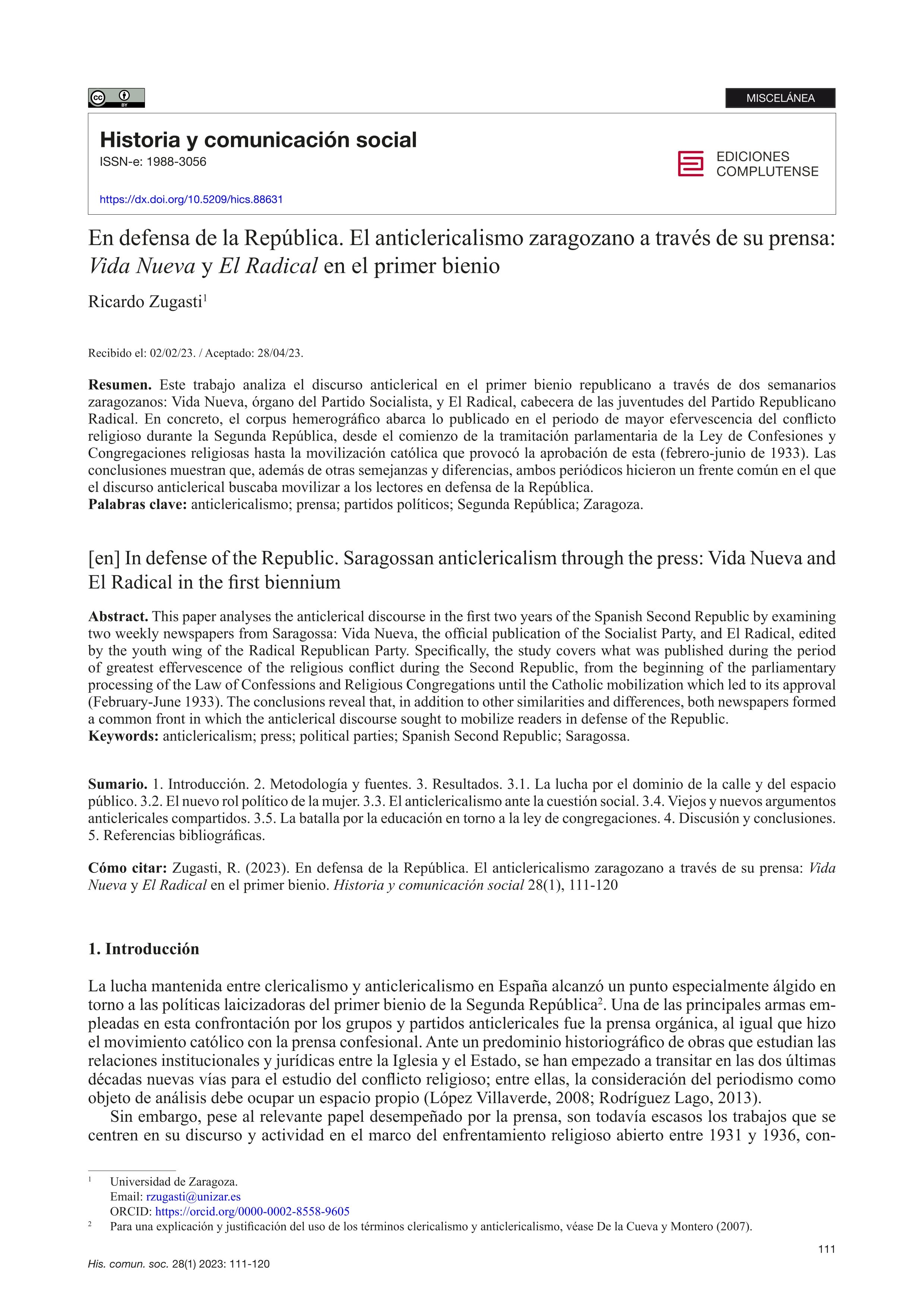 En defensa de la República. El anticlericalismo zaragozano a través de su prensa: Vida Nueva y El Radical en el primer bienio