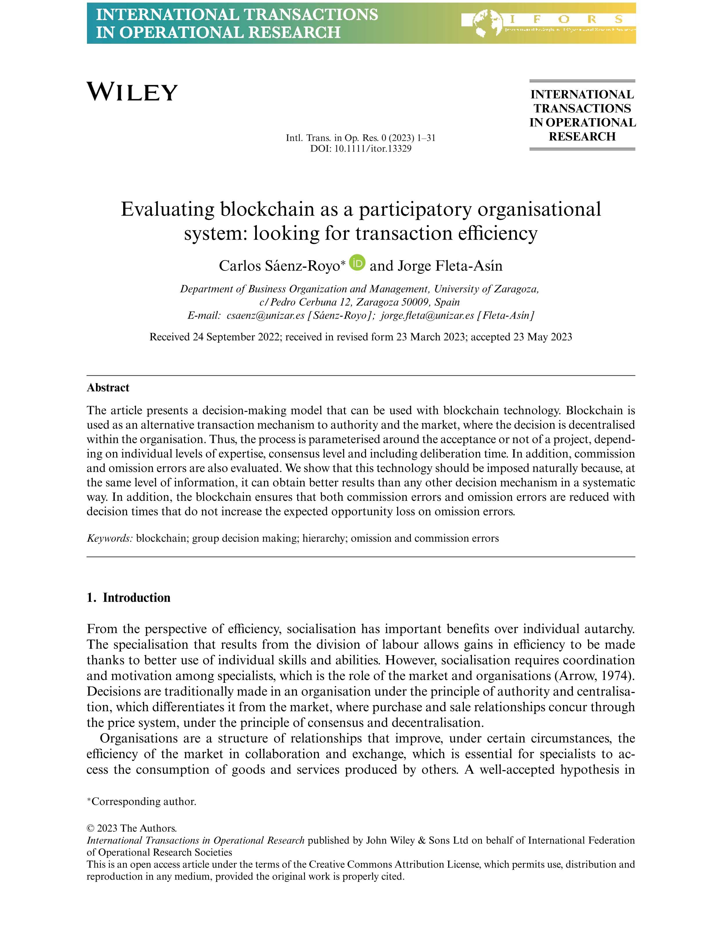 Evaluating blockchain as a participatory organisational system: looking for transaction efficiency