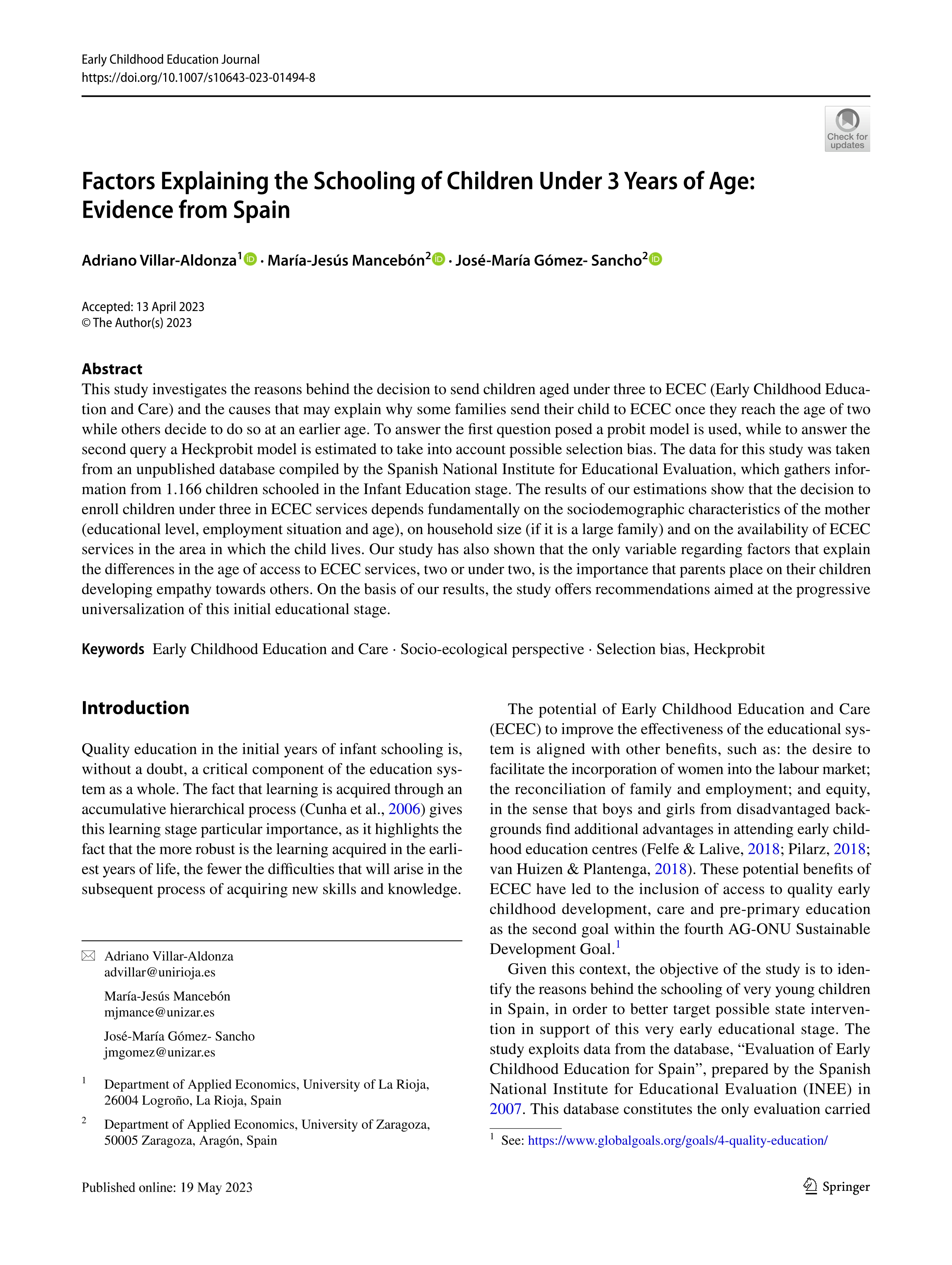 Factors explaining the schooling of children under 3 years of age: evidence from Spain