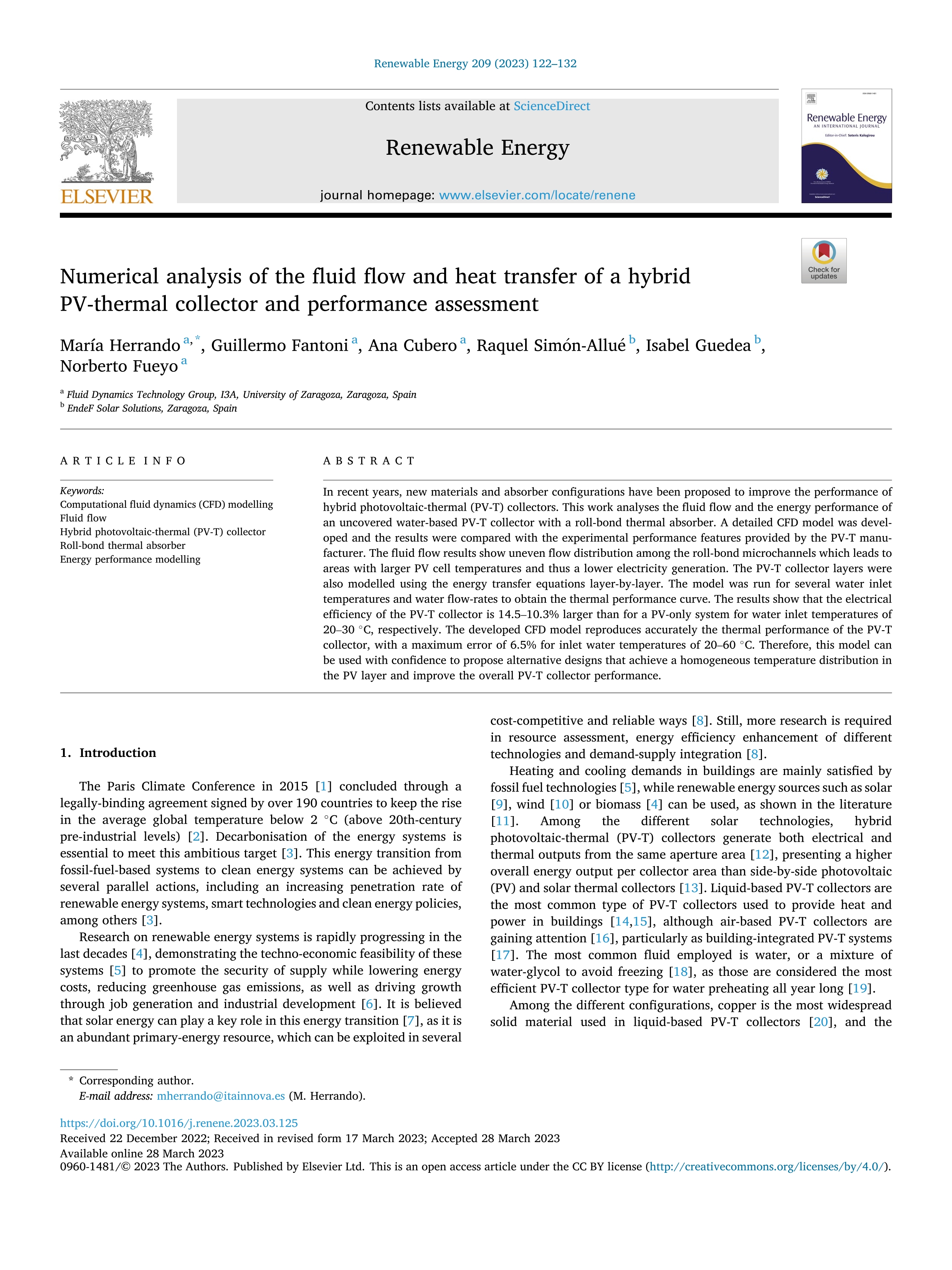 Numerical analysis of the fluid flow and heat transfer of a hybrid PV-thermal collector and performance assessment