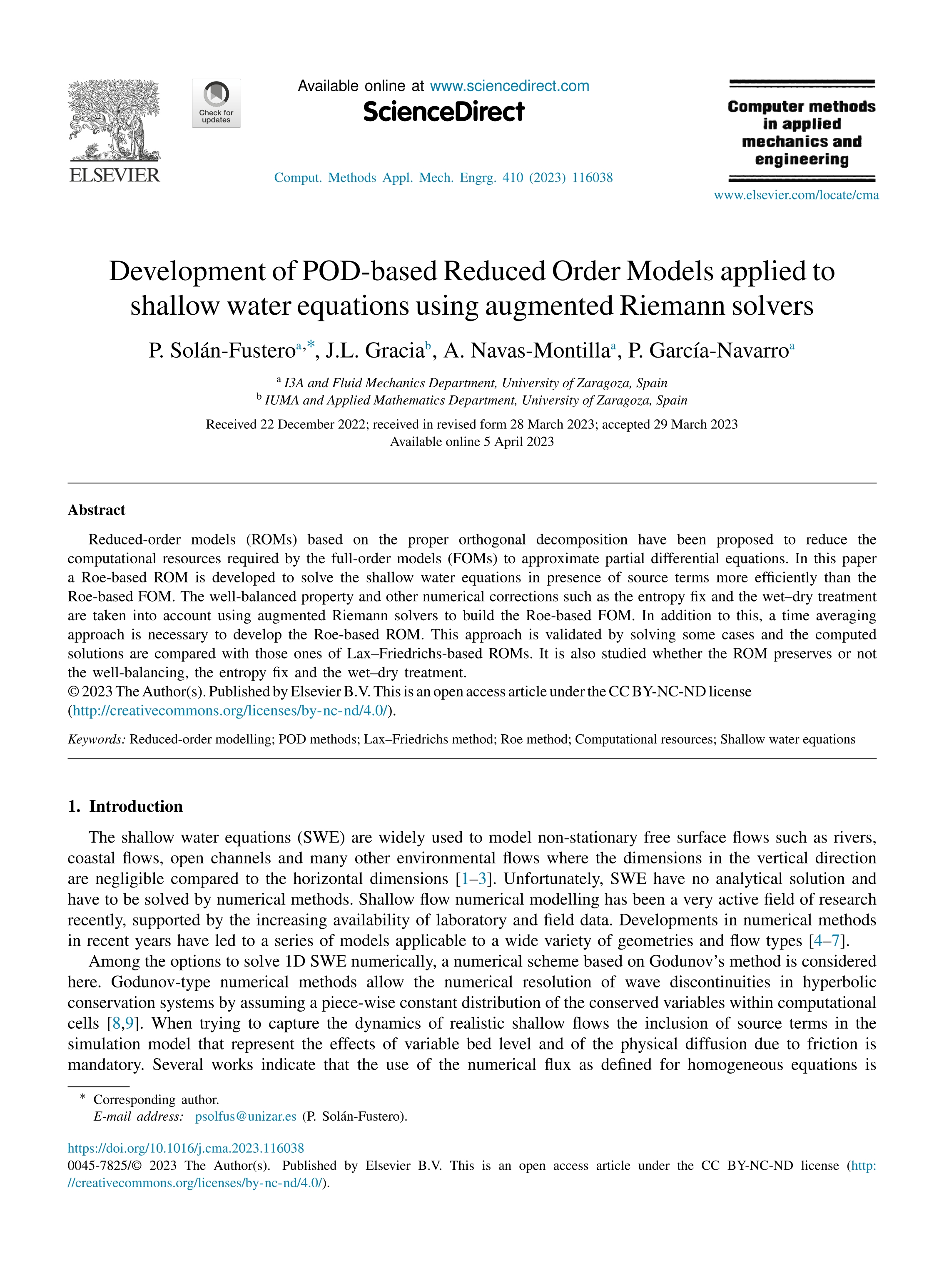 Development of POD-based Reduced Order Models applied to shallow water equations using augmented Riemann solvers