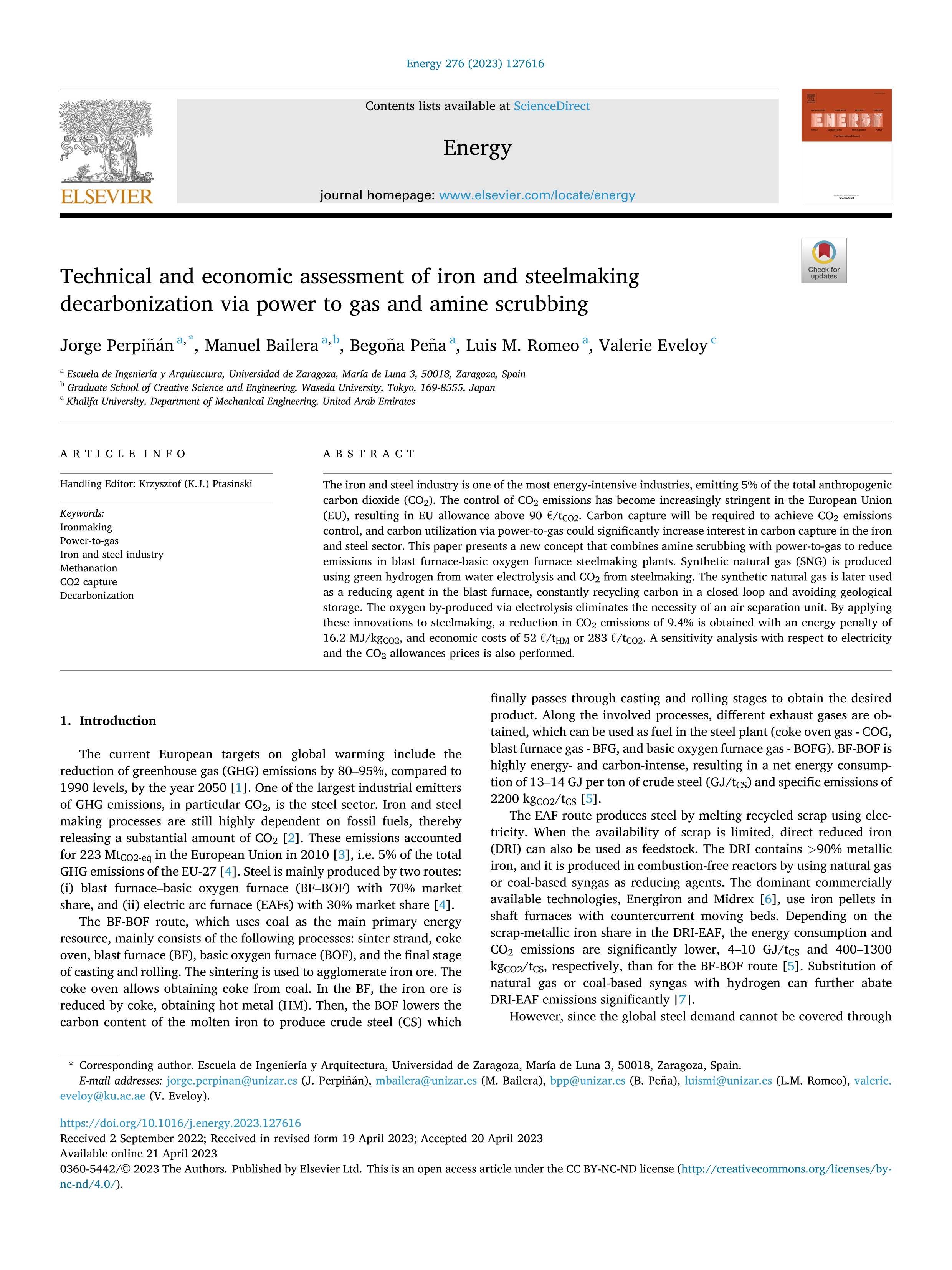 Technical and economic assessment of iron and steelmaking decarbonization via power to gas and amine scrubbing