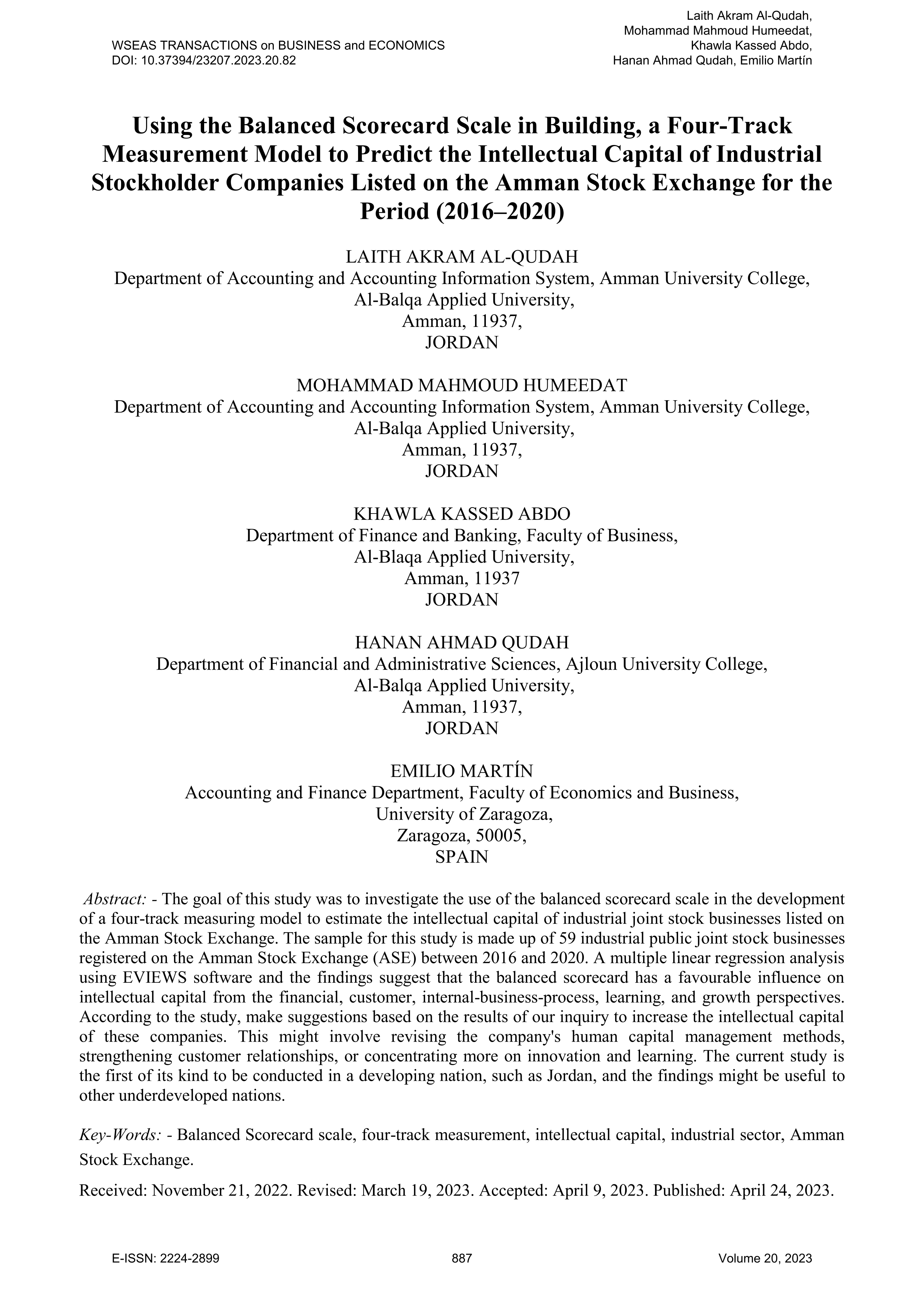 Using the balanced scorecard scale in building, a four-track measurement model to predict the intellectual capital of industrial stockholder companies listed on the Amman stock exchange for the period (2016–2020)