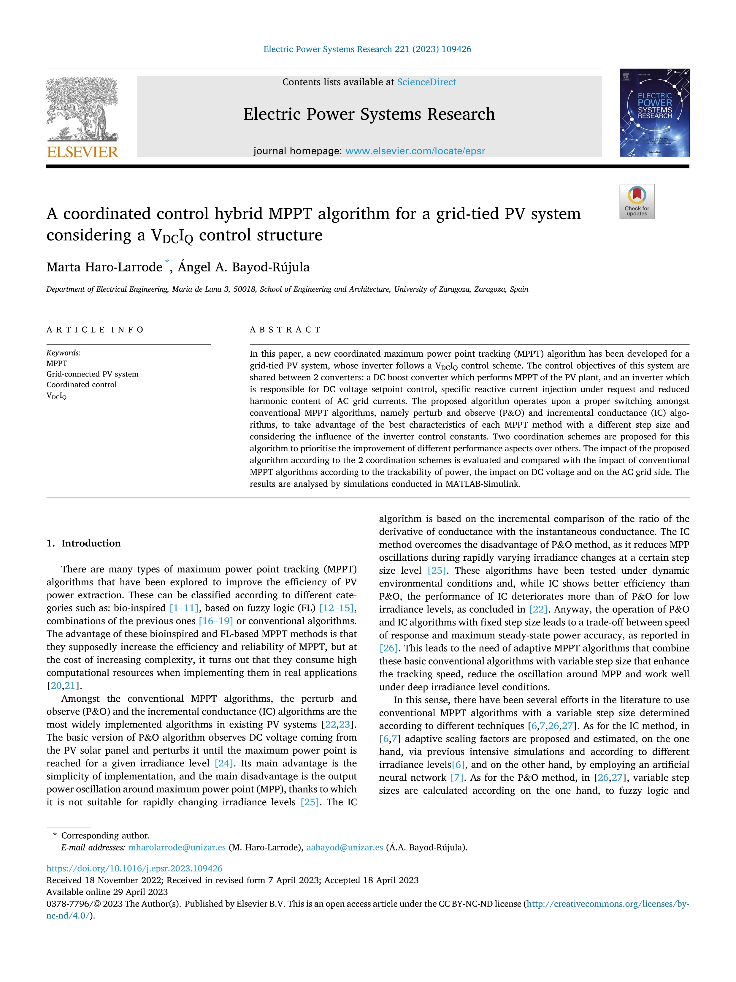 A coordinated control hybrid MPPT algorithm for a grid-tied PV system considering a VDCIQ control structure