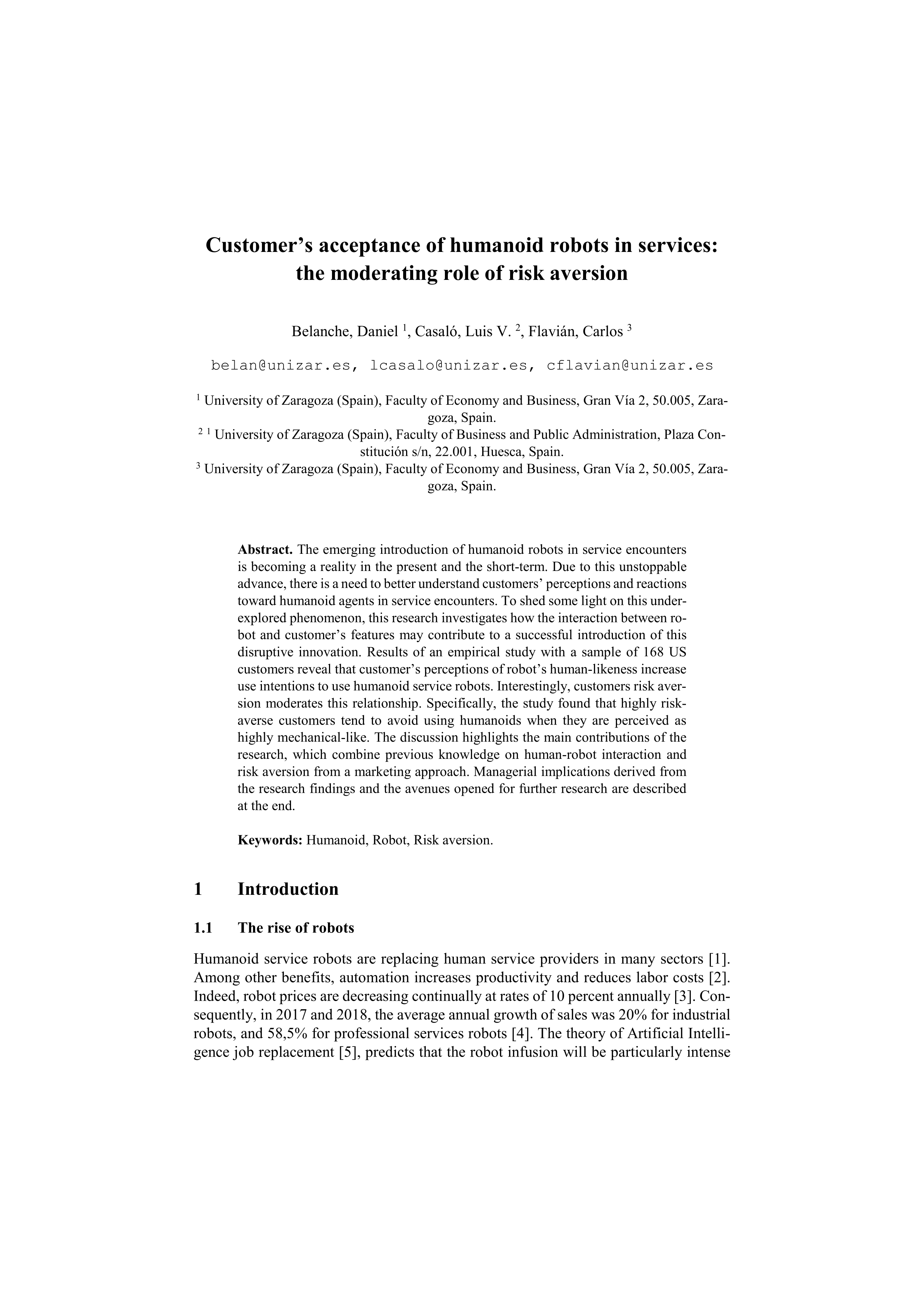 Customer’s Acceptance of Humanoid Robots in Services: The Moderating Role of Risk Aversion