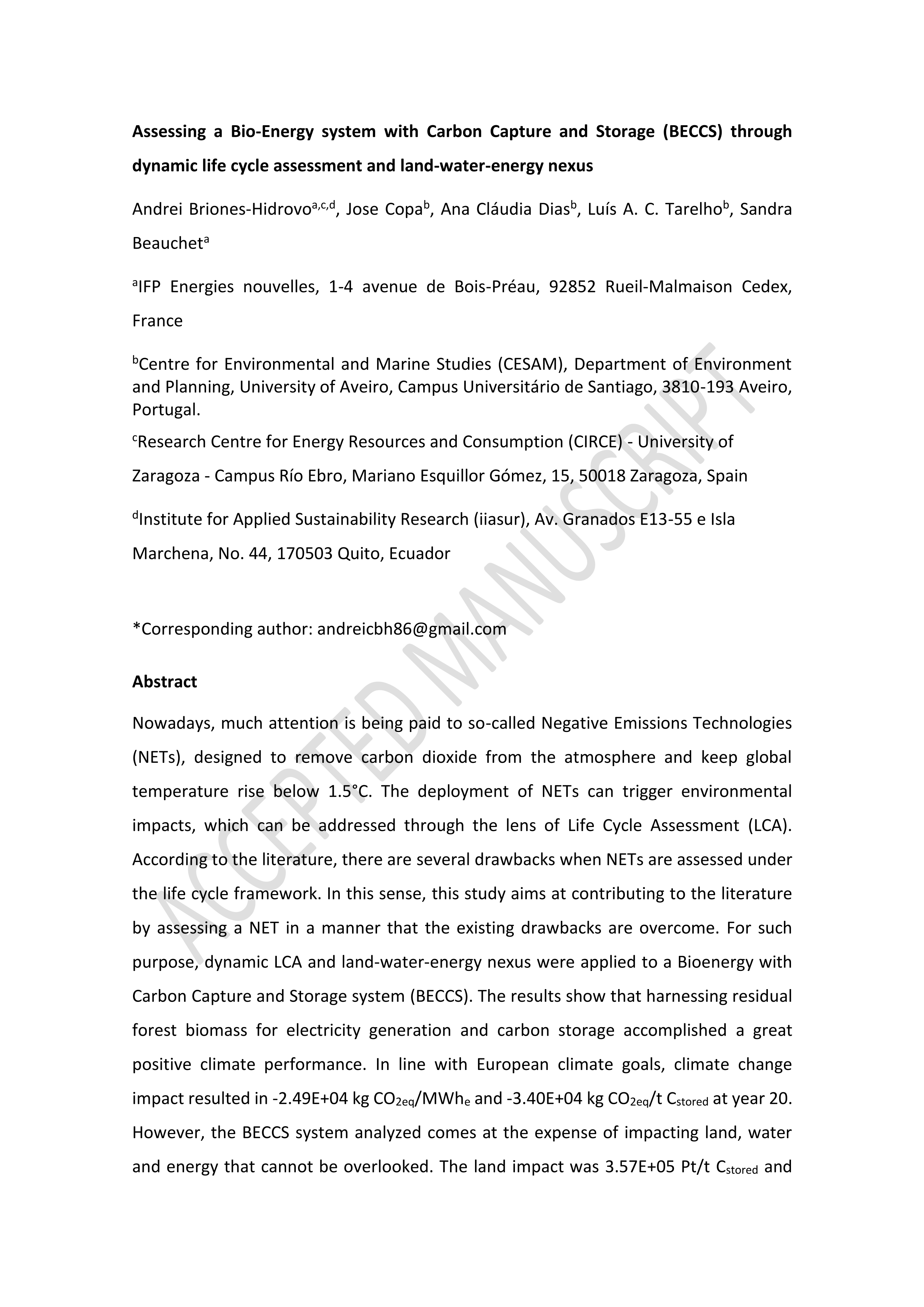 Assessing a bio-energy system with carbon capture and storage (BECCS) through dynamic life cycle assessment and land-water-energy nexus