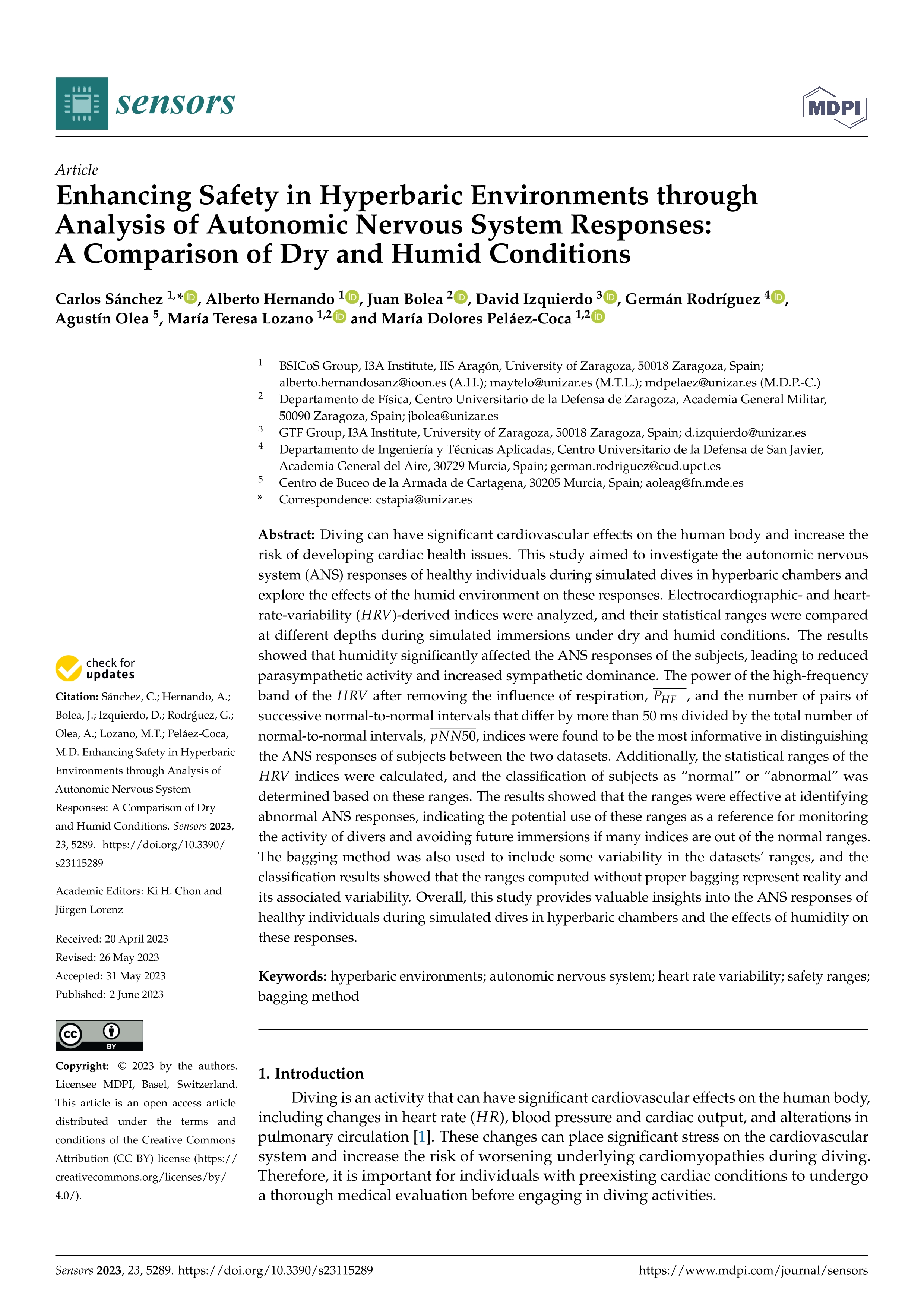 Enhancing safety in hyperbaric environments through analysis of autonomic nervous system responses: a comparison of dry and humid conditions