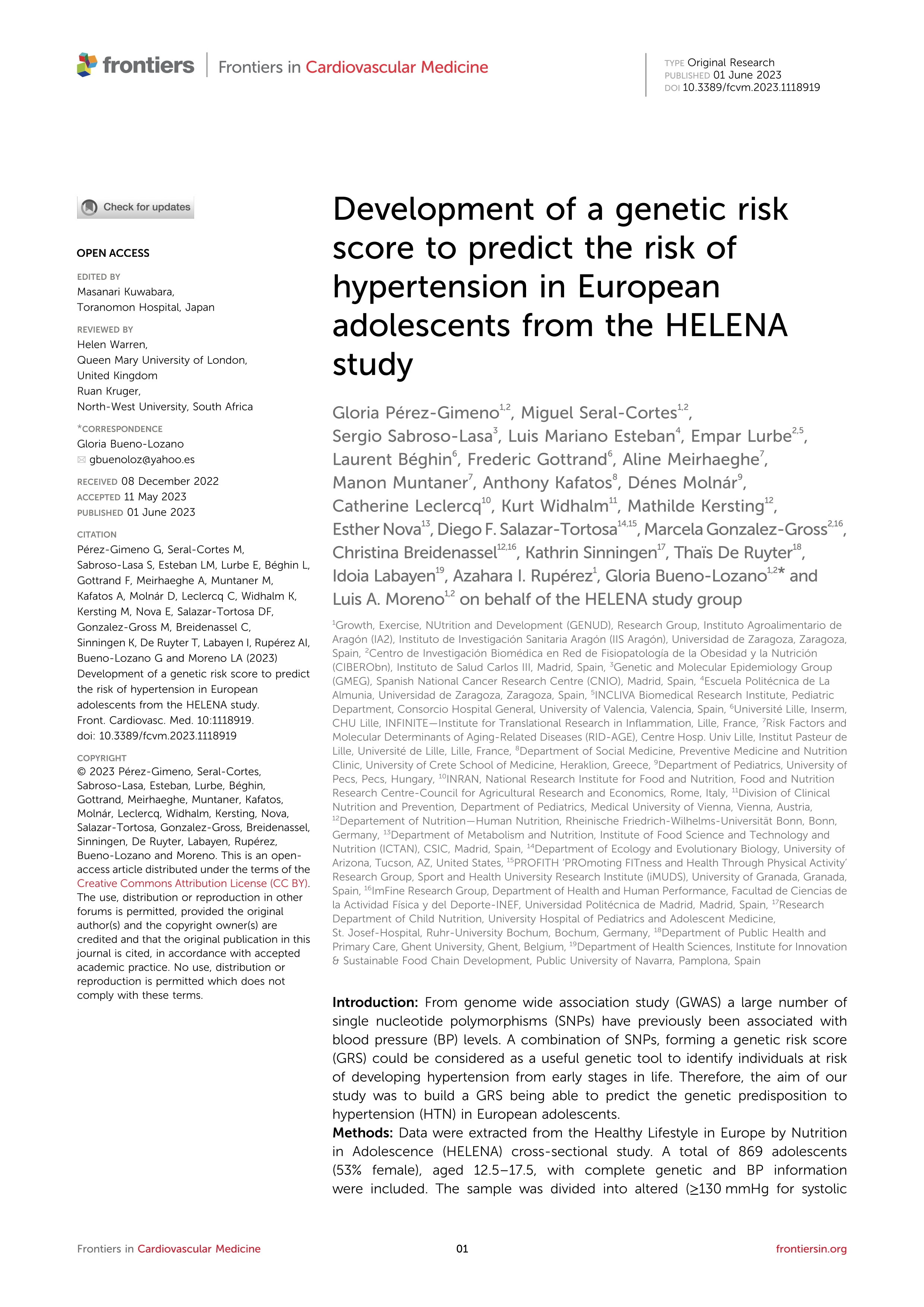 Development of a genetic risk score to predict the risk of hypertension in European adolescents from the HELENA study