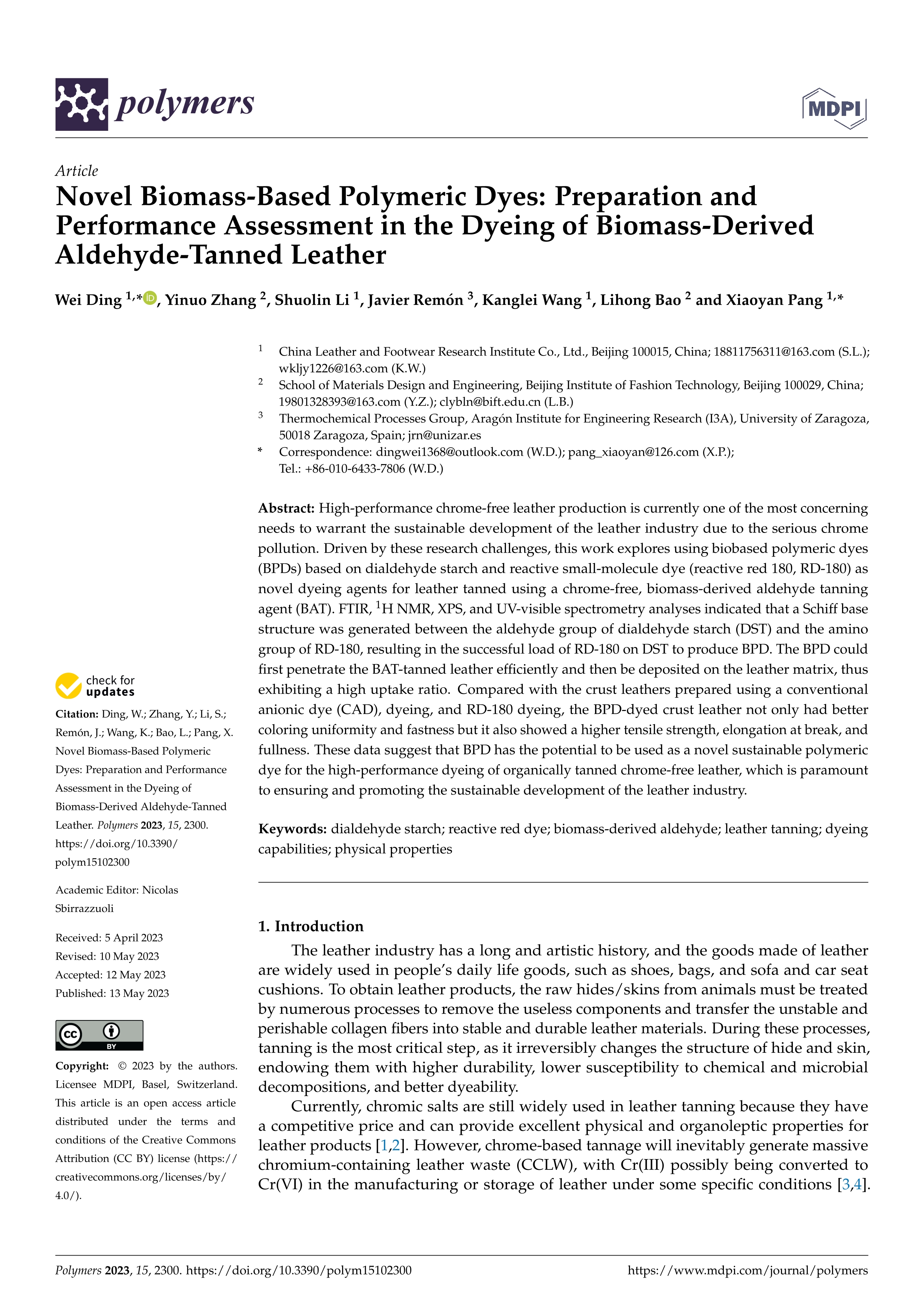 Novel biomass-based polymeric dyes: preparation and performance assessment in the dyeing of biomass-derived aldehyde-tanned leather
