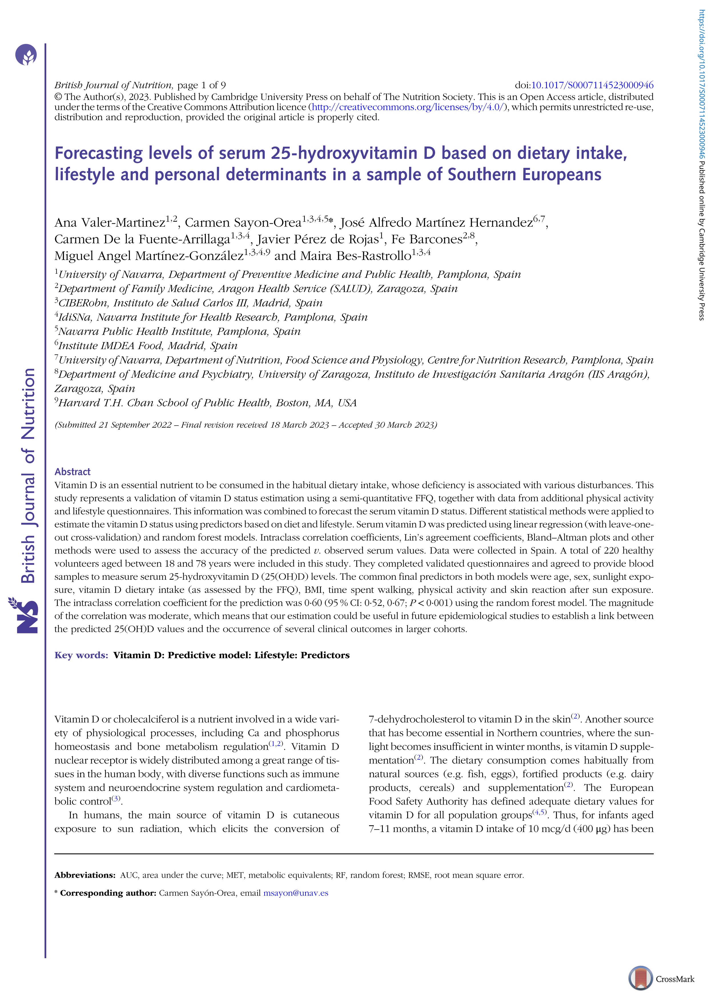 Forecasting levels of serum 25-hydroxyvitamin D based on dietary intake, lifestyle and personal determinants in a sample of Southern Europeans