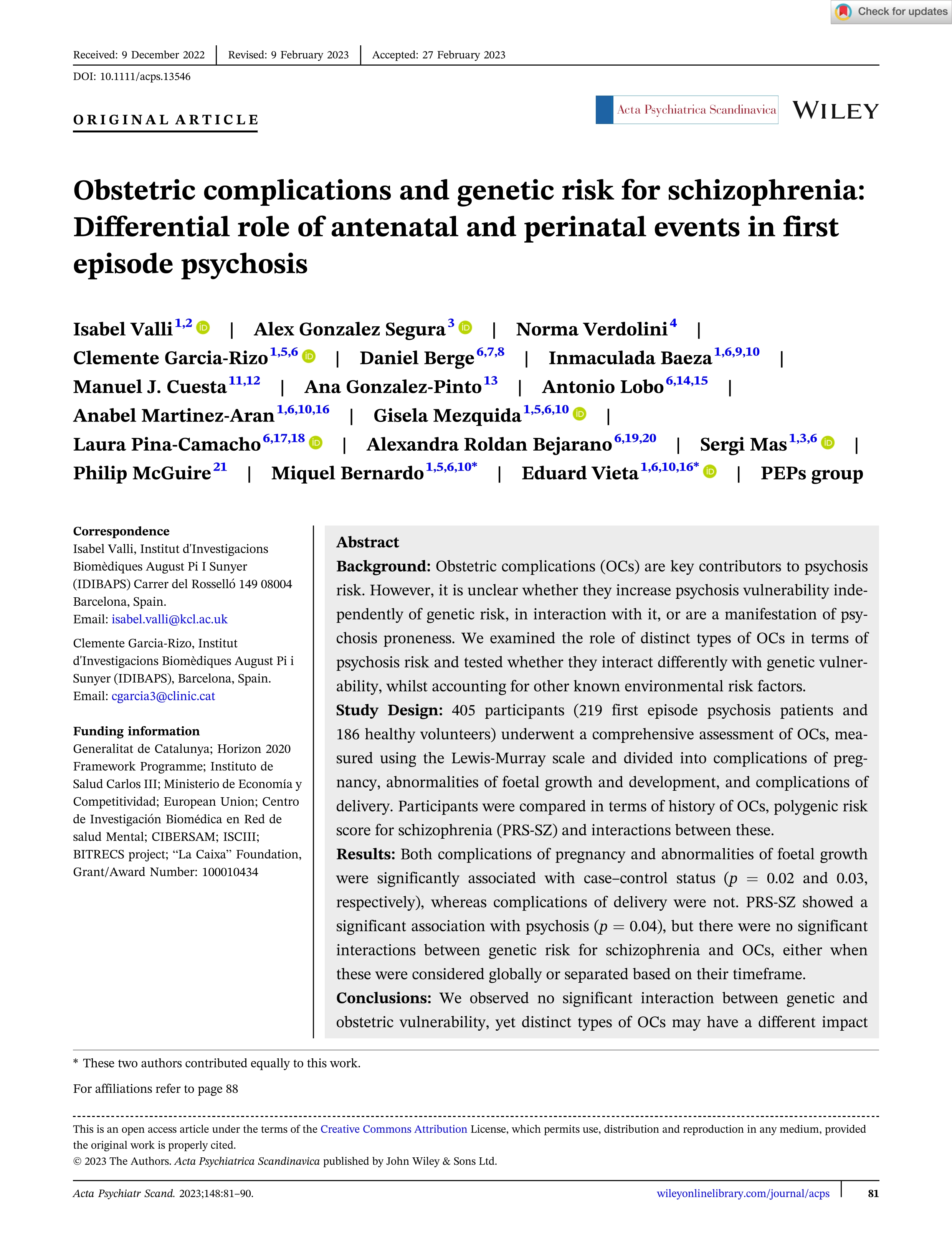 Obstetric complications and genetic risk for schizophrenia: Differential role of antenatal and perinatal events in first episode psychosis