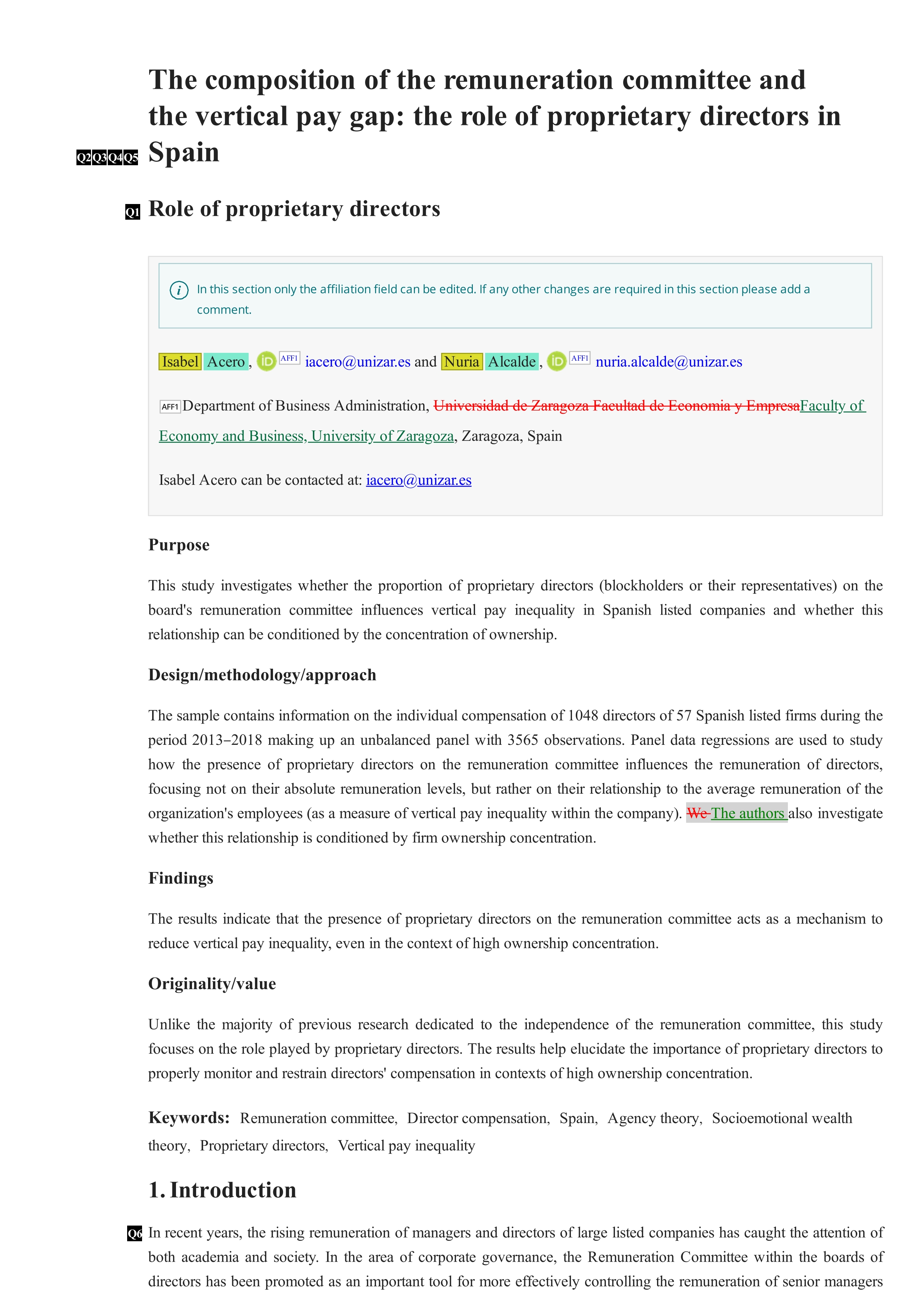 The composition of the remuneration committee and the vertical pay gap: the role of proprietary directors in Spain