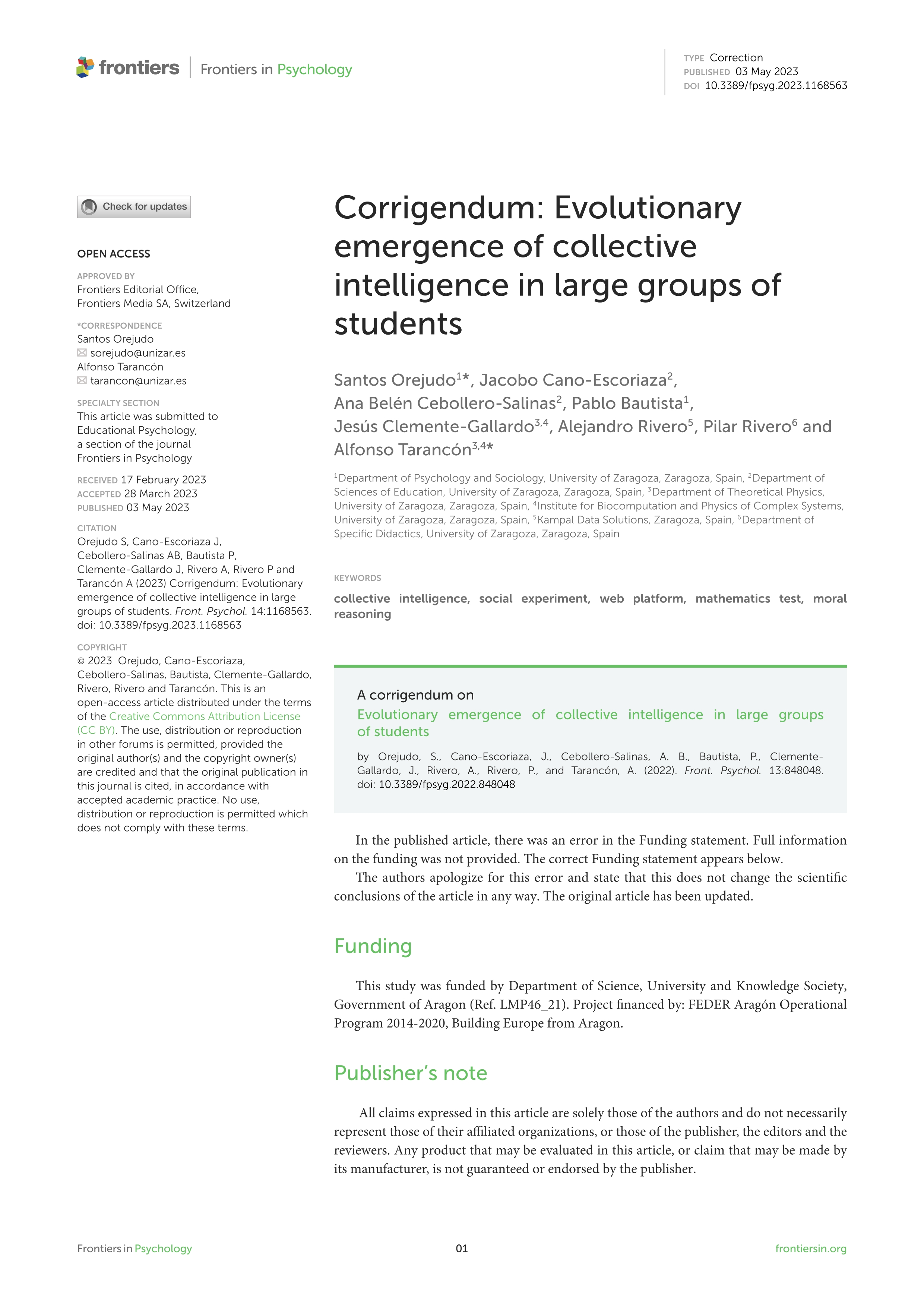 Corrigendum: Evolutionary emergence of collective intelligence in large groups of students