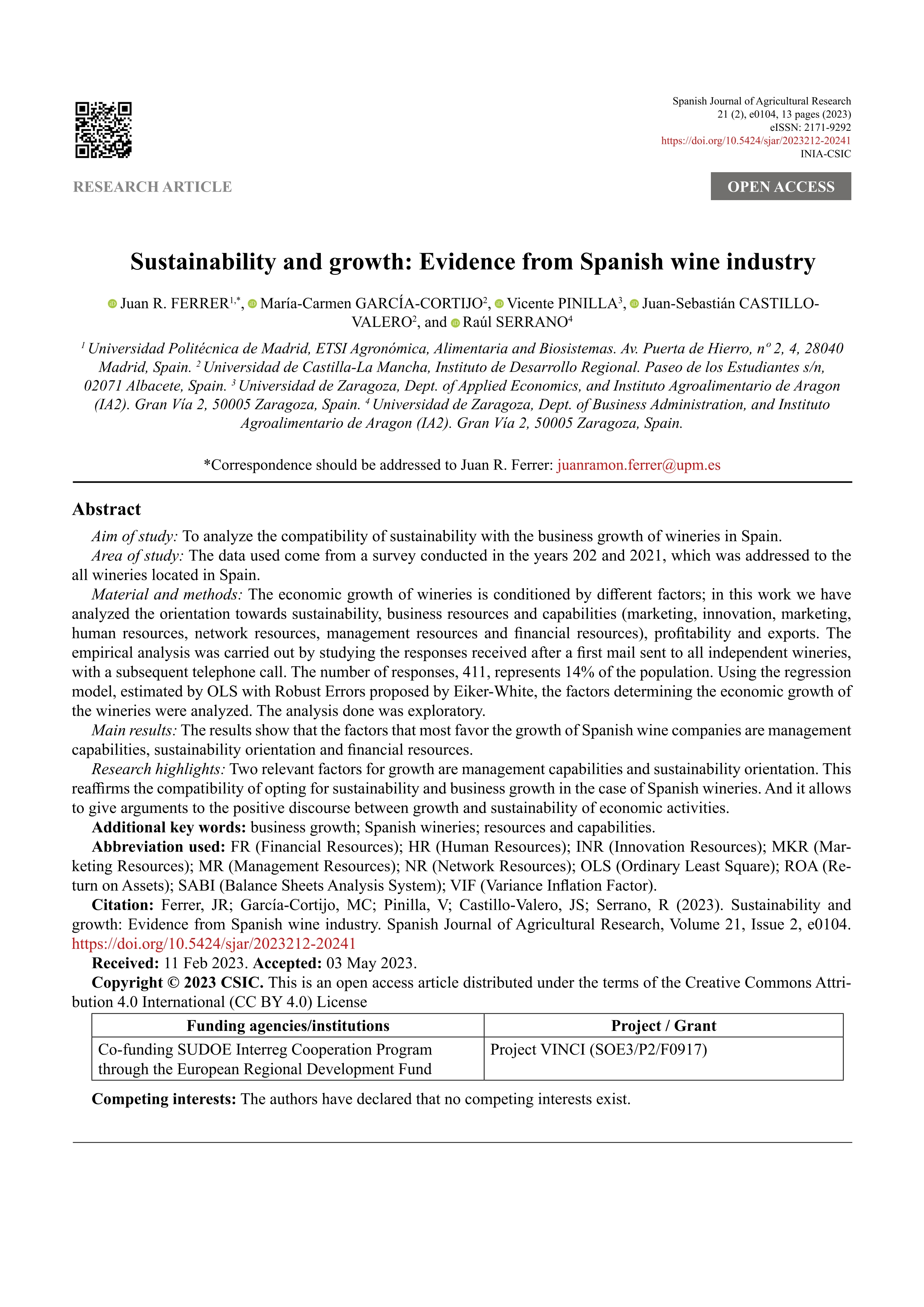 Sustainability and growth: evidence from Spanish wine industry