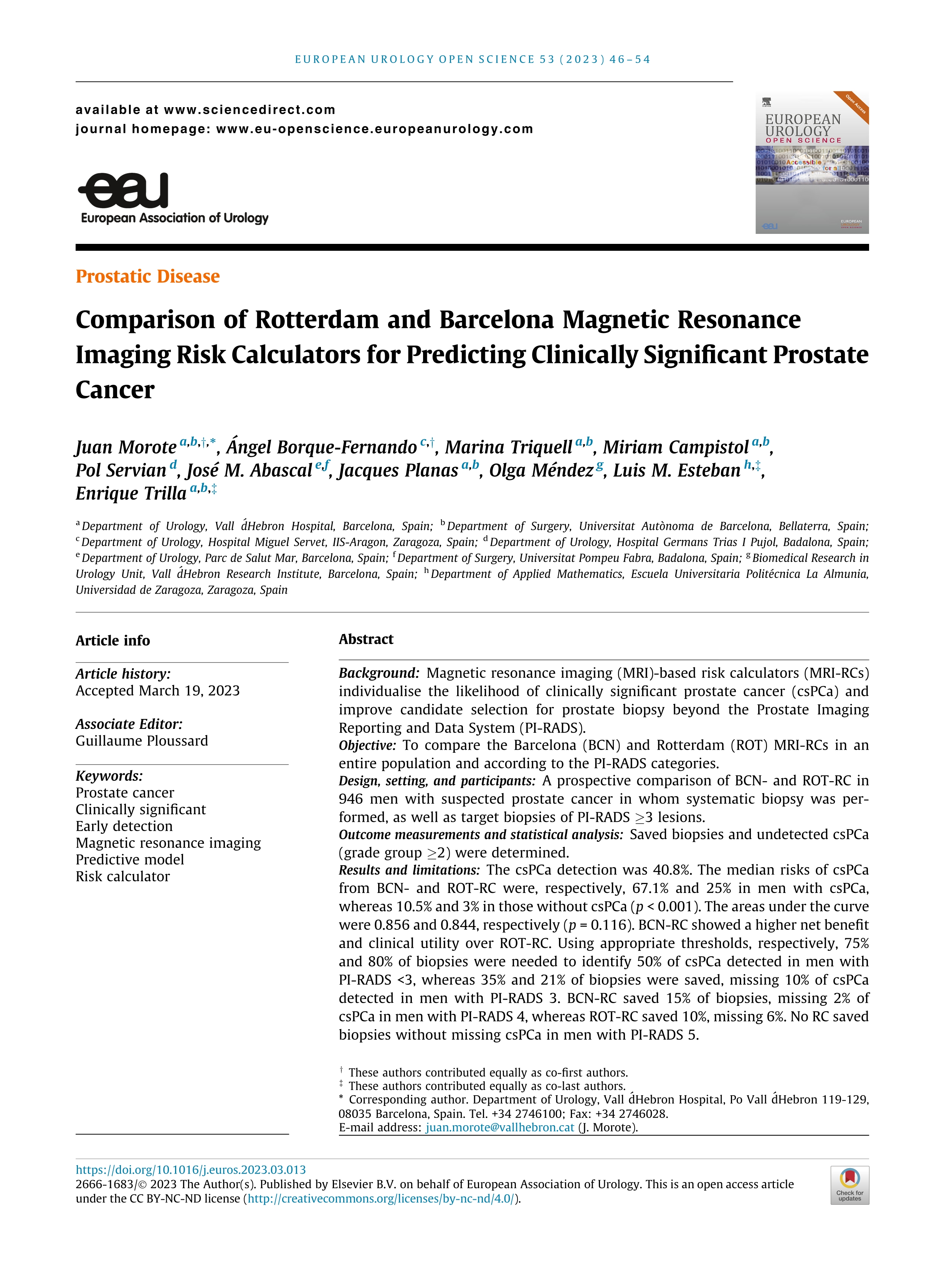 Comparison of Rotterdam and Barcelona magnetic resonance imaging risk calculators for predicting clinically significant prostate cancer