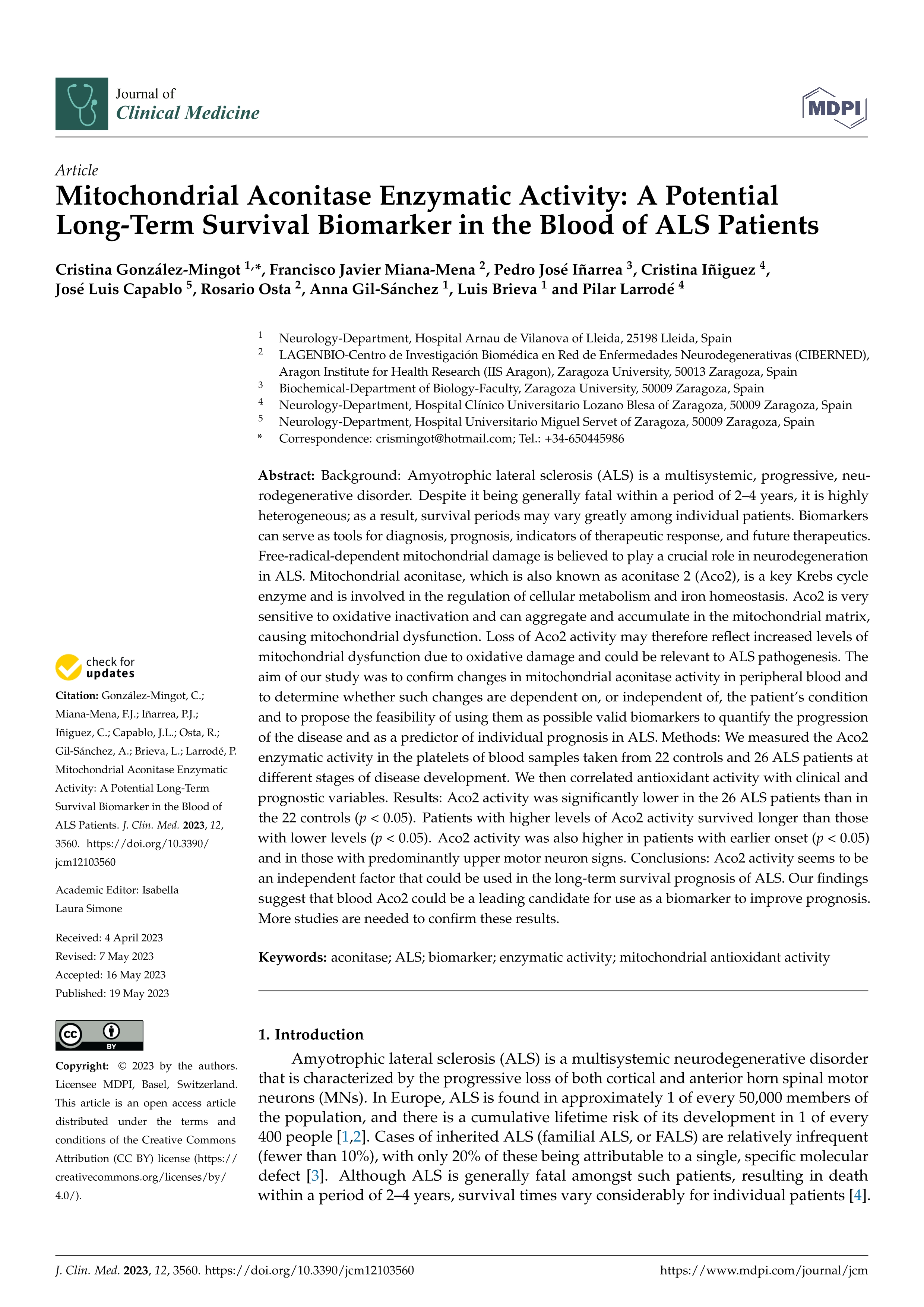 Mitochondrial aconitase enzymatic activity: a potential long-term survival biomarker in the blood of ALS patients