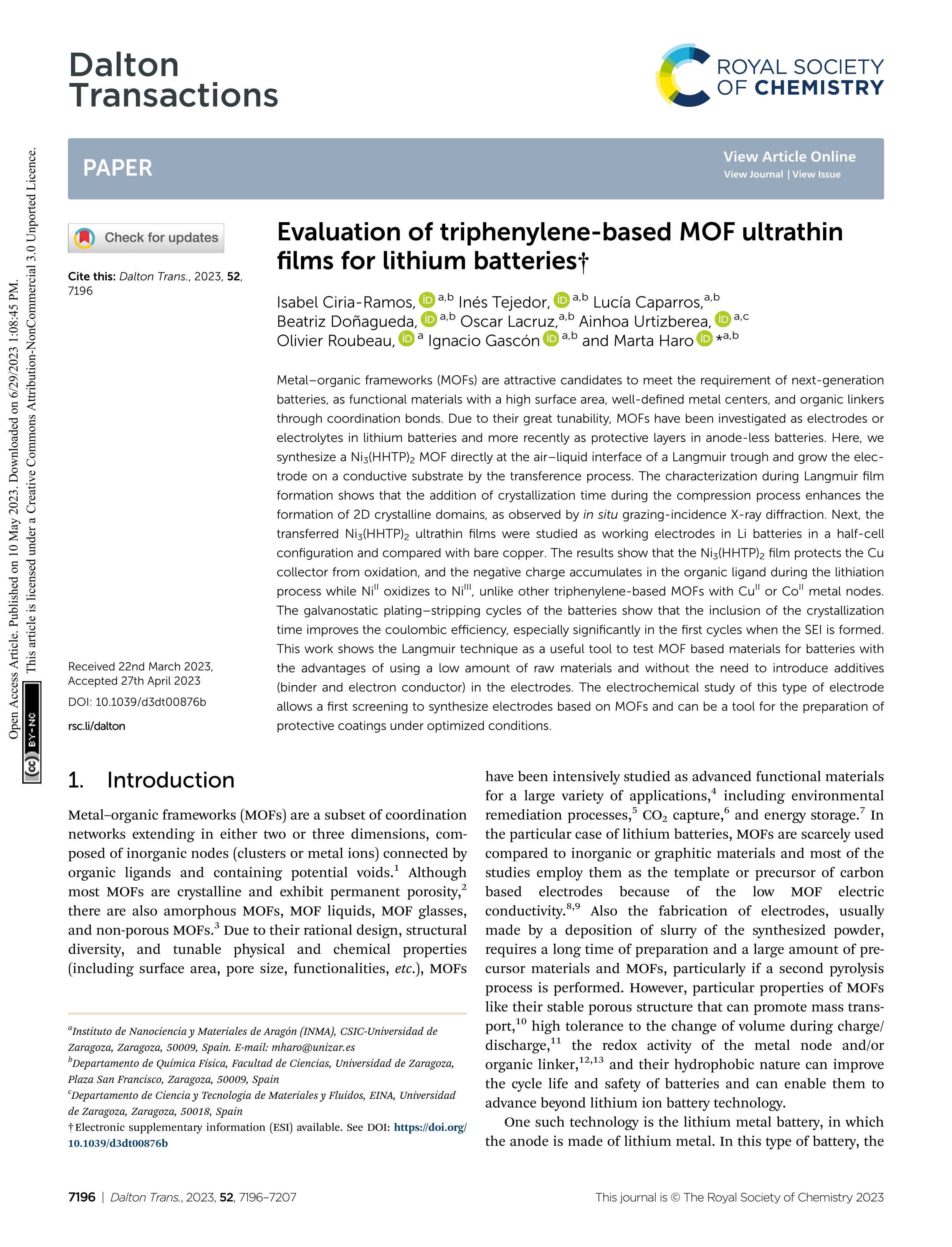 Evaluation of triphenylene-based MOF ultrathin films for lithium batteries