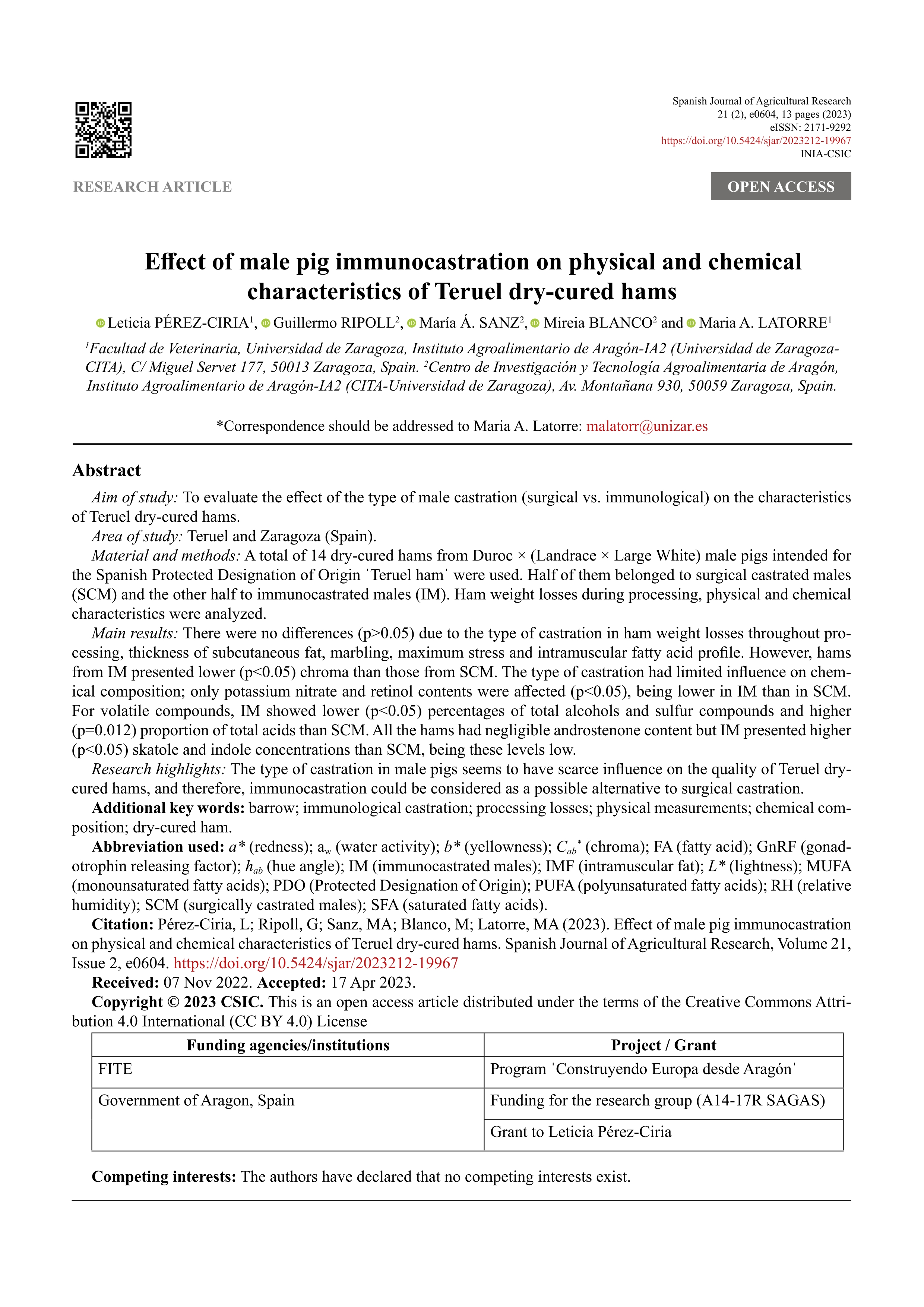 Effect of male pig immunocastration on physical and chemical characteristics of Teruel dry-cured hams