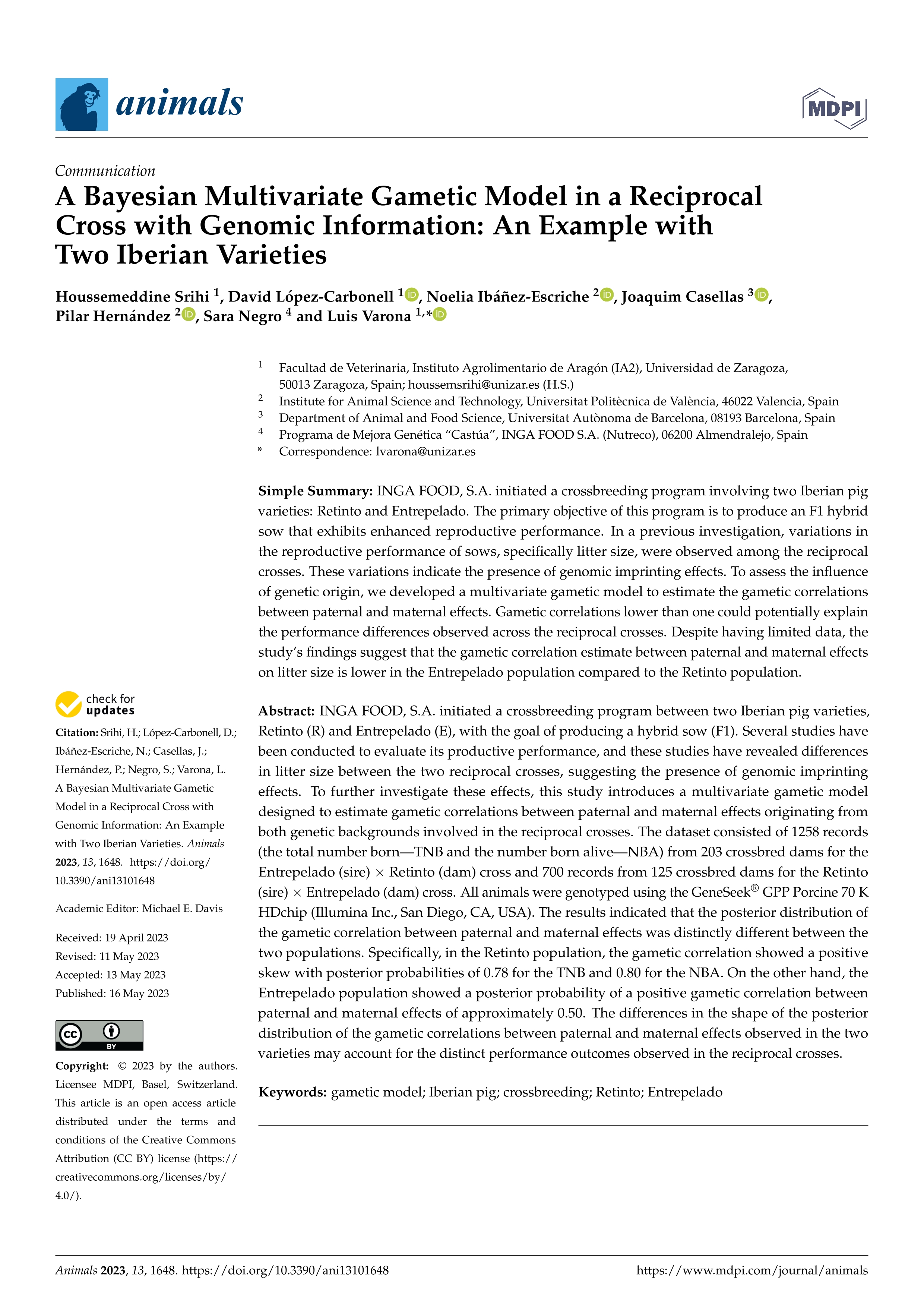 A bayesian multivariate gametic model in a reciprocal cross with genomic information: an example with two iberian varieties