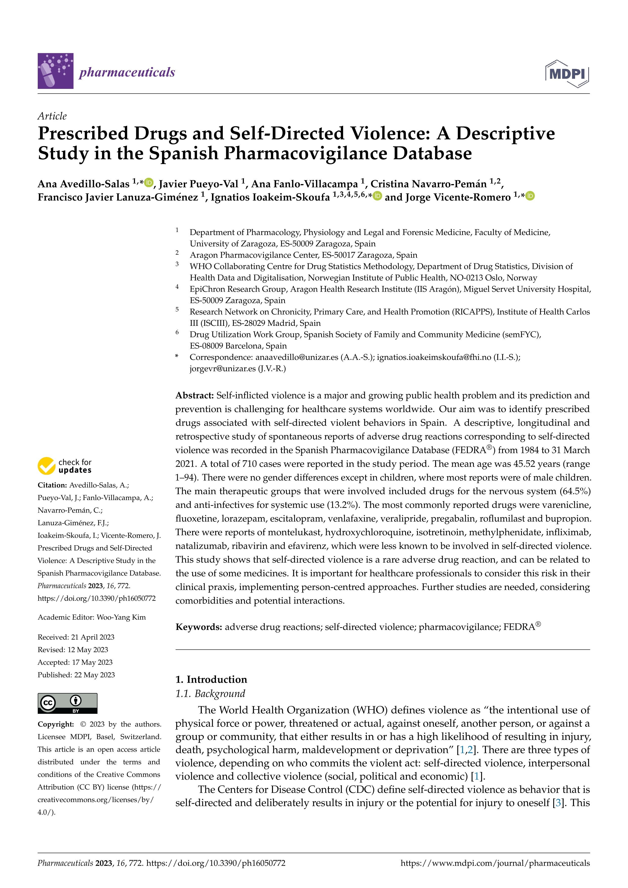 Prescribed drugs and self-directed violence: a descriptive study in the spanish pharmacovigilance database