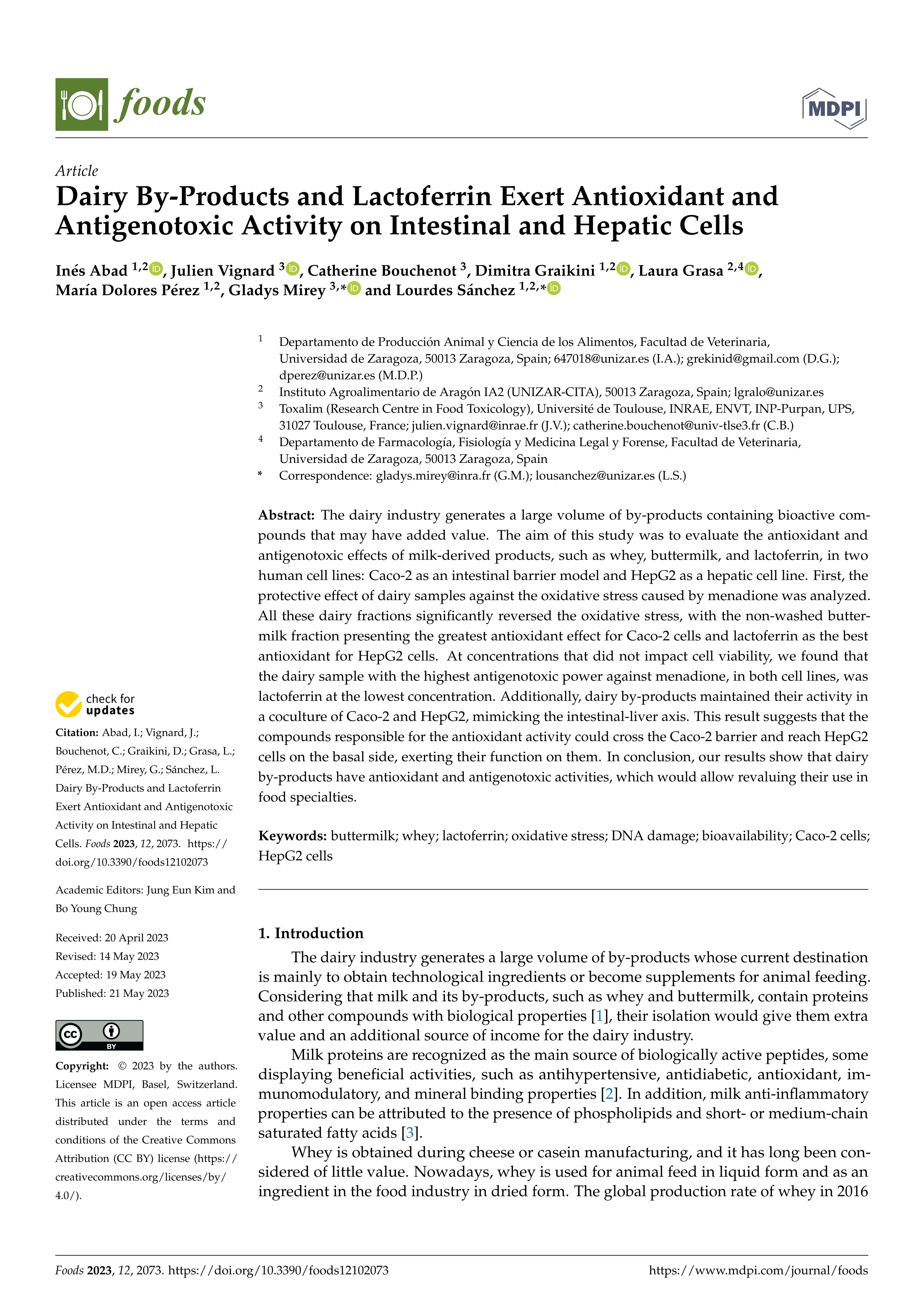 Dairy by-products and Lactoferrin exert antioxidant and antigenotoxic activity on intestinal and hepatic cells