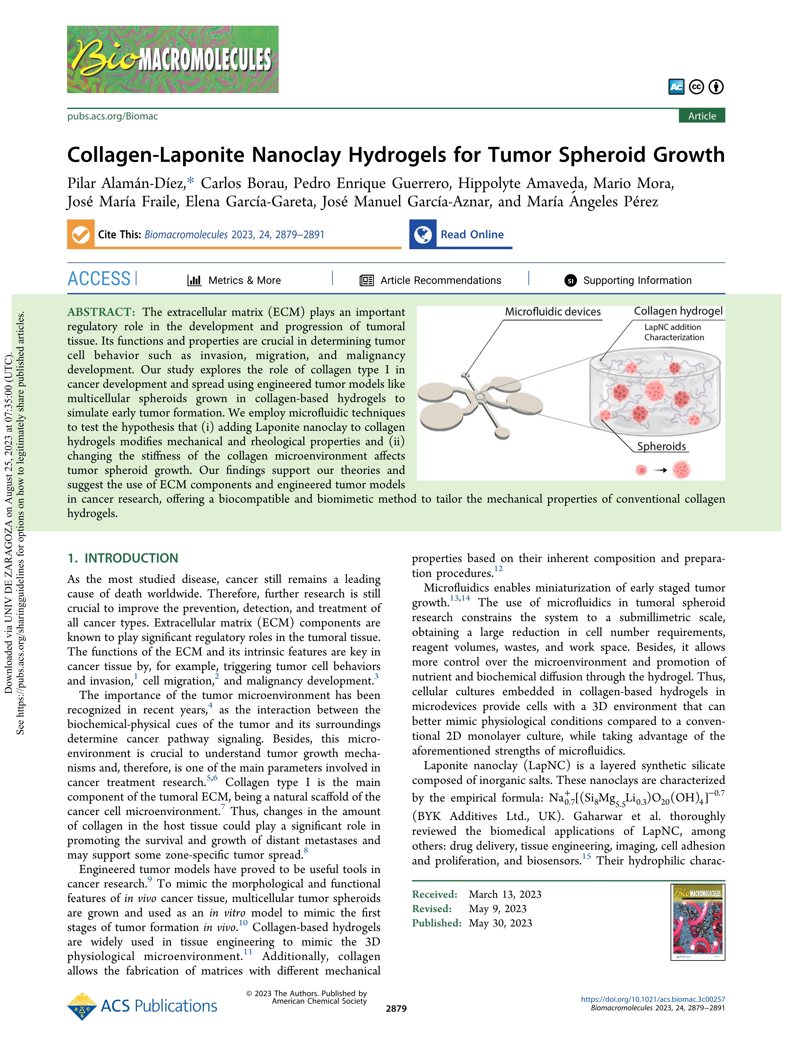 Collagen-laponite nanoclay hydrogels for tumor spheroid growth