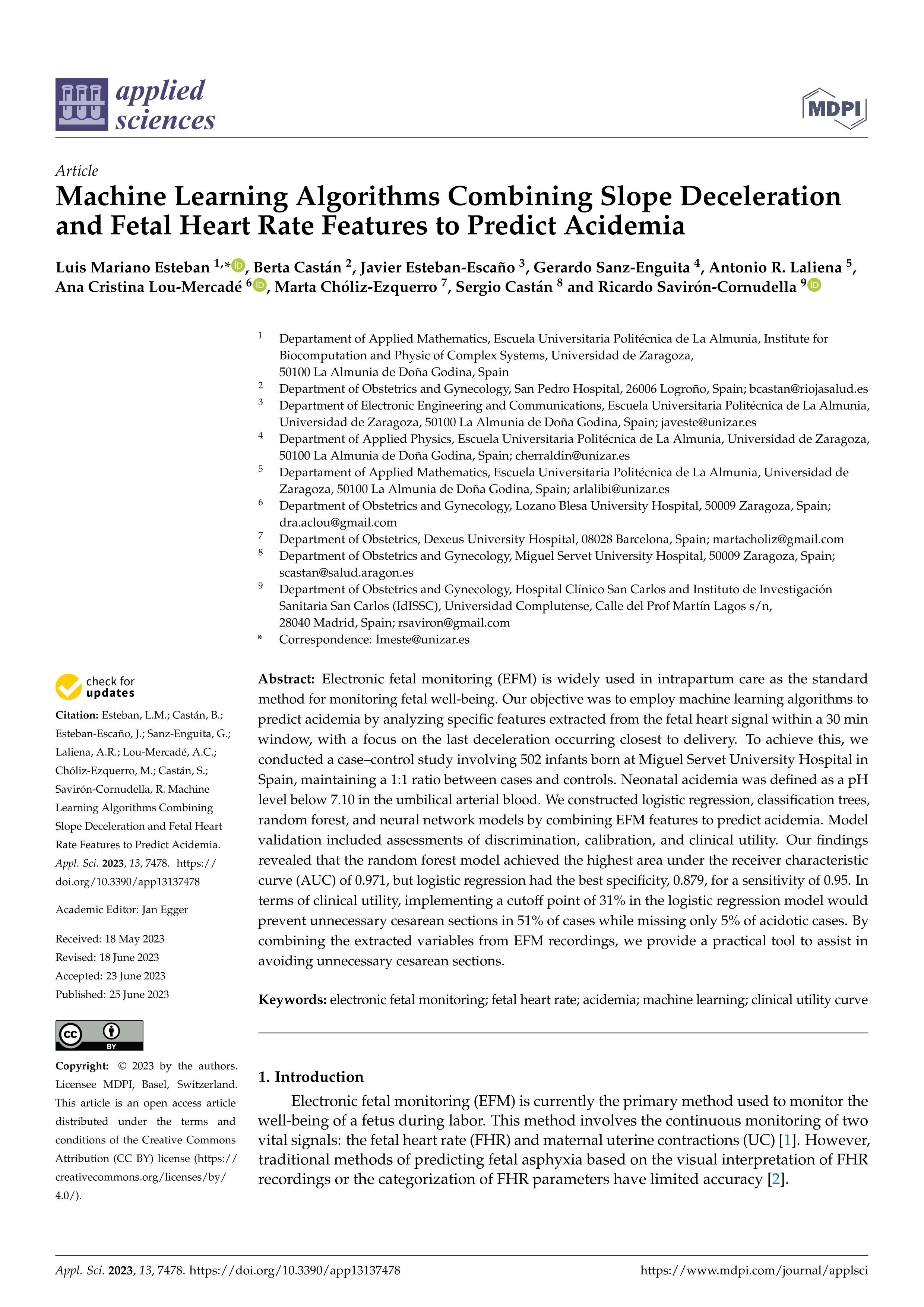 Machine learning algorithms combining slope deceleration and fetal heart rate features to predict acidemia