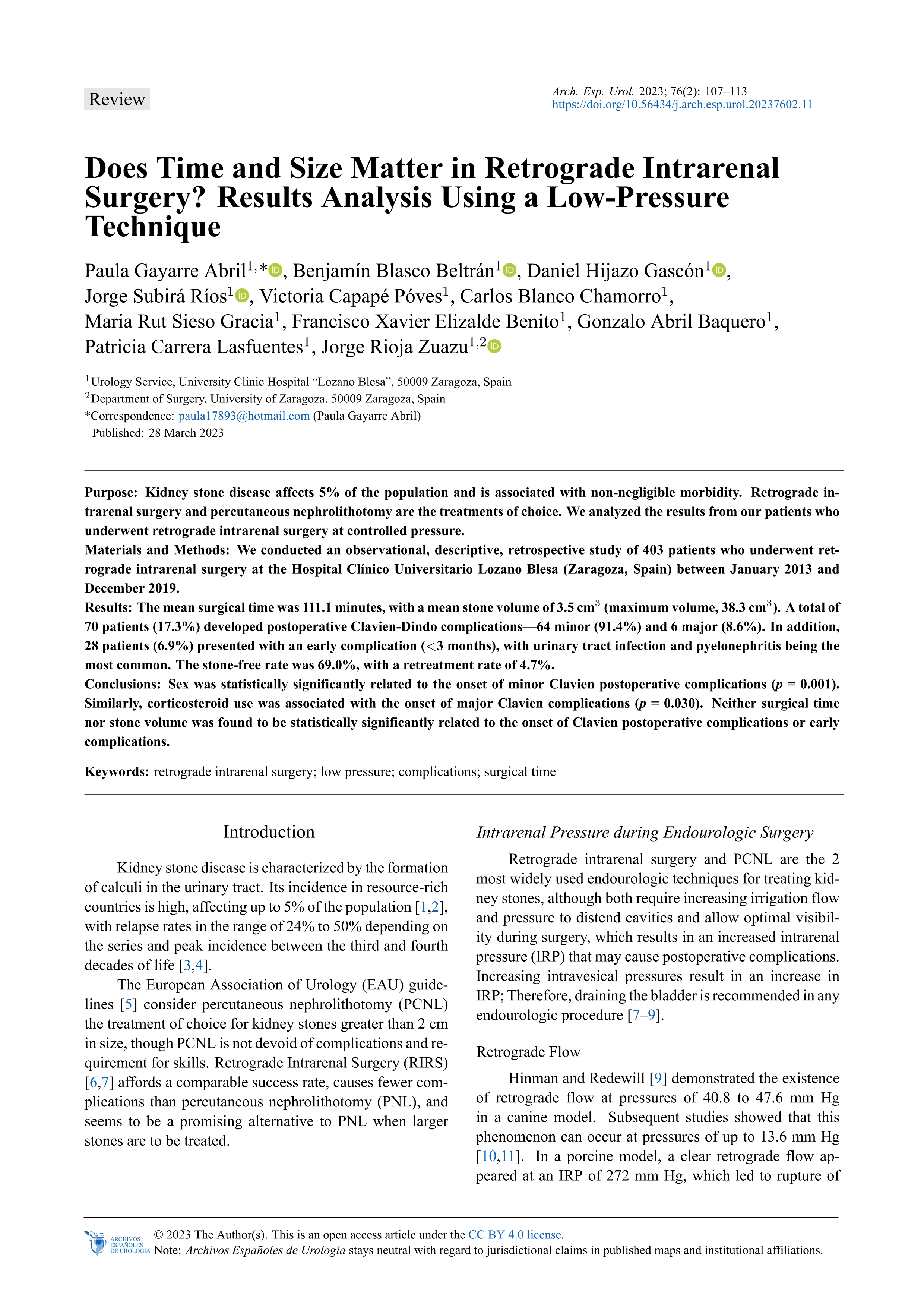 Does Time and Size Matter in Retrograde Intrarenal Surgery? Results Analysis Using a Low-Pressure Technique